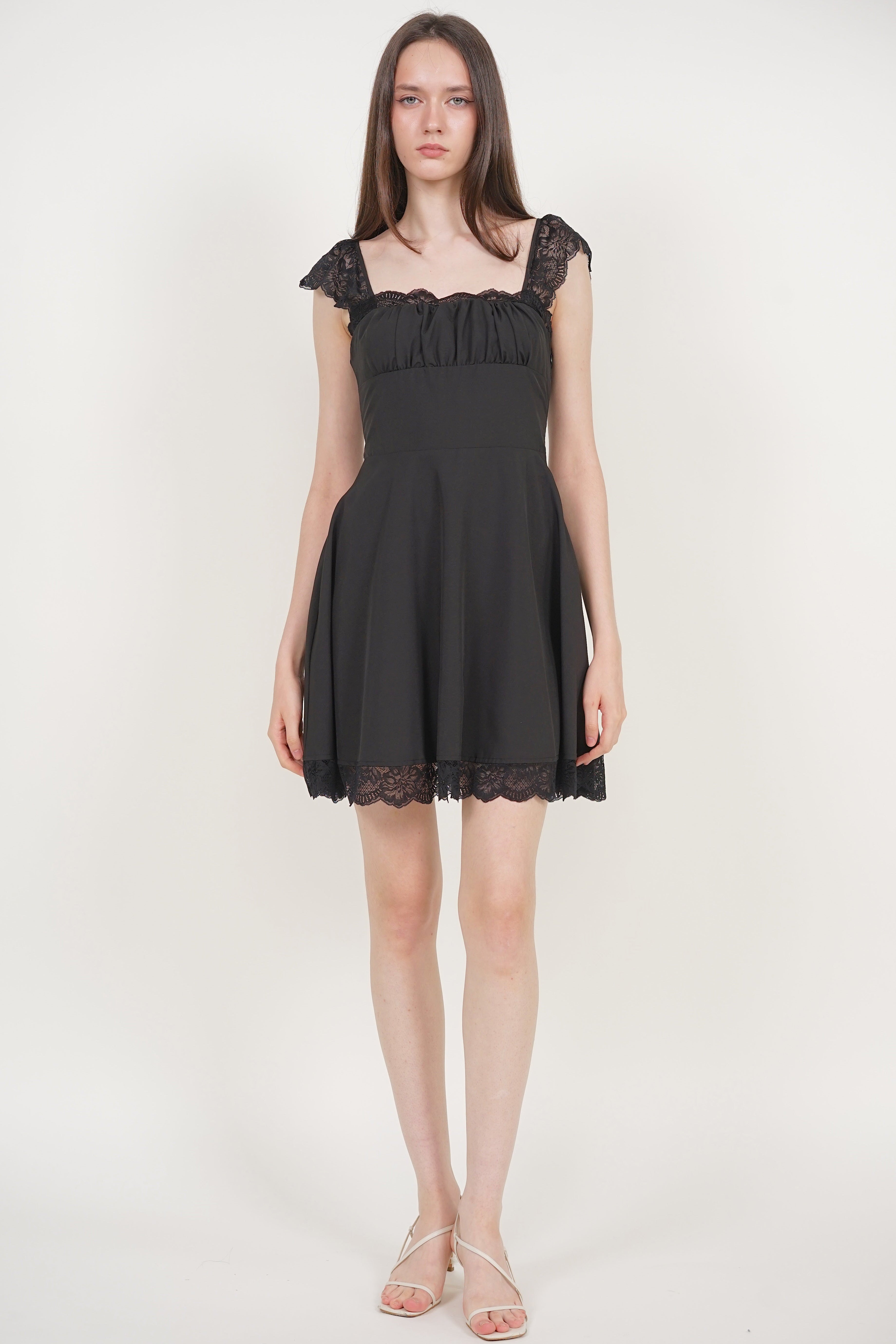 Ruched Flare Lace Mini Dress in Black