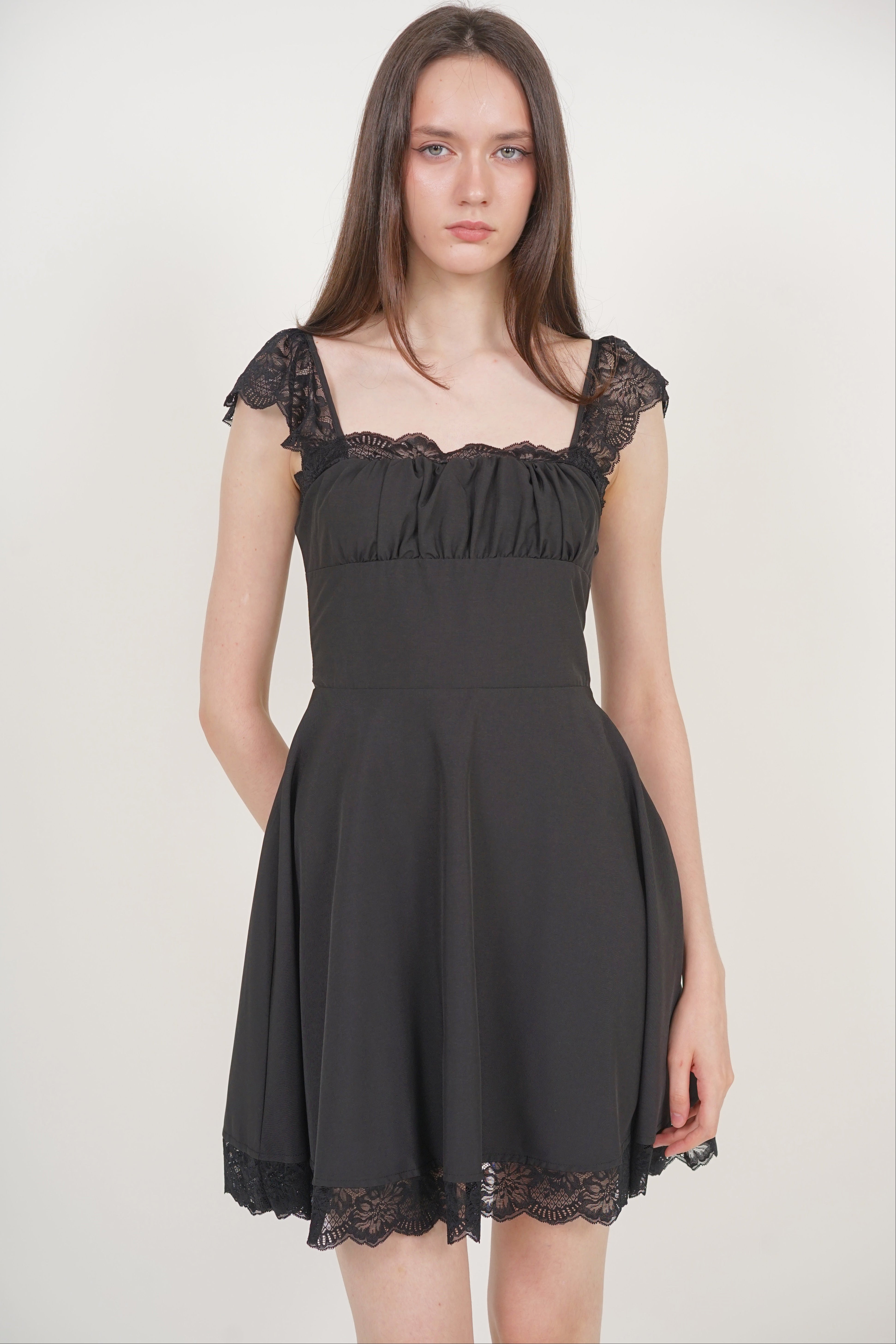 Ruched Flare Lace Mini Dress in Black