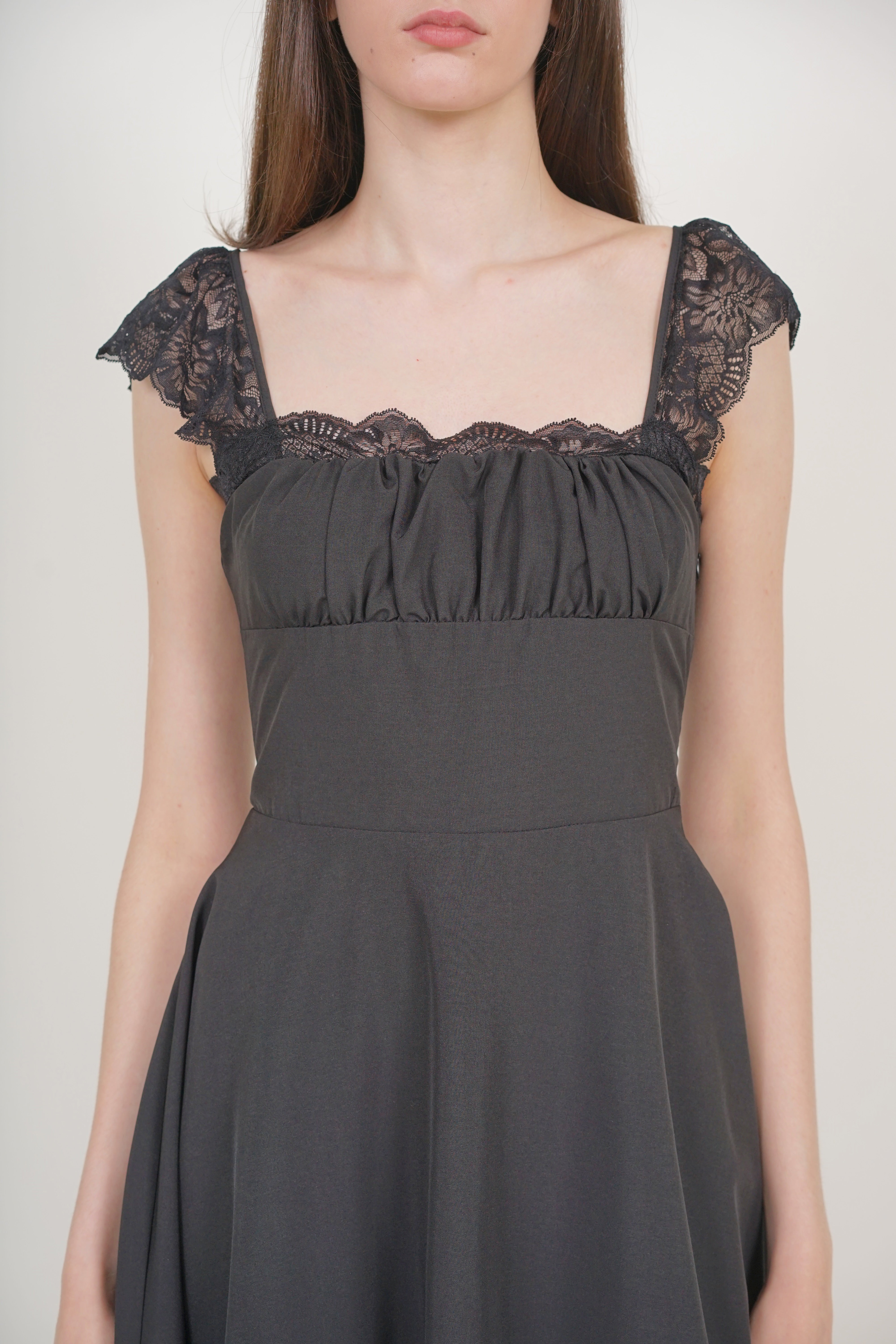 Ruched Flare Lace Mini Dress in Black