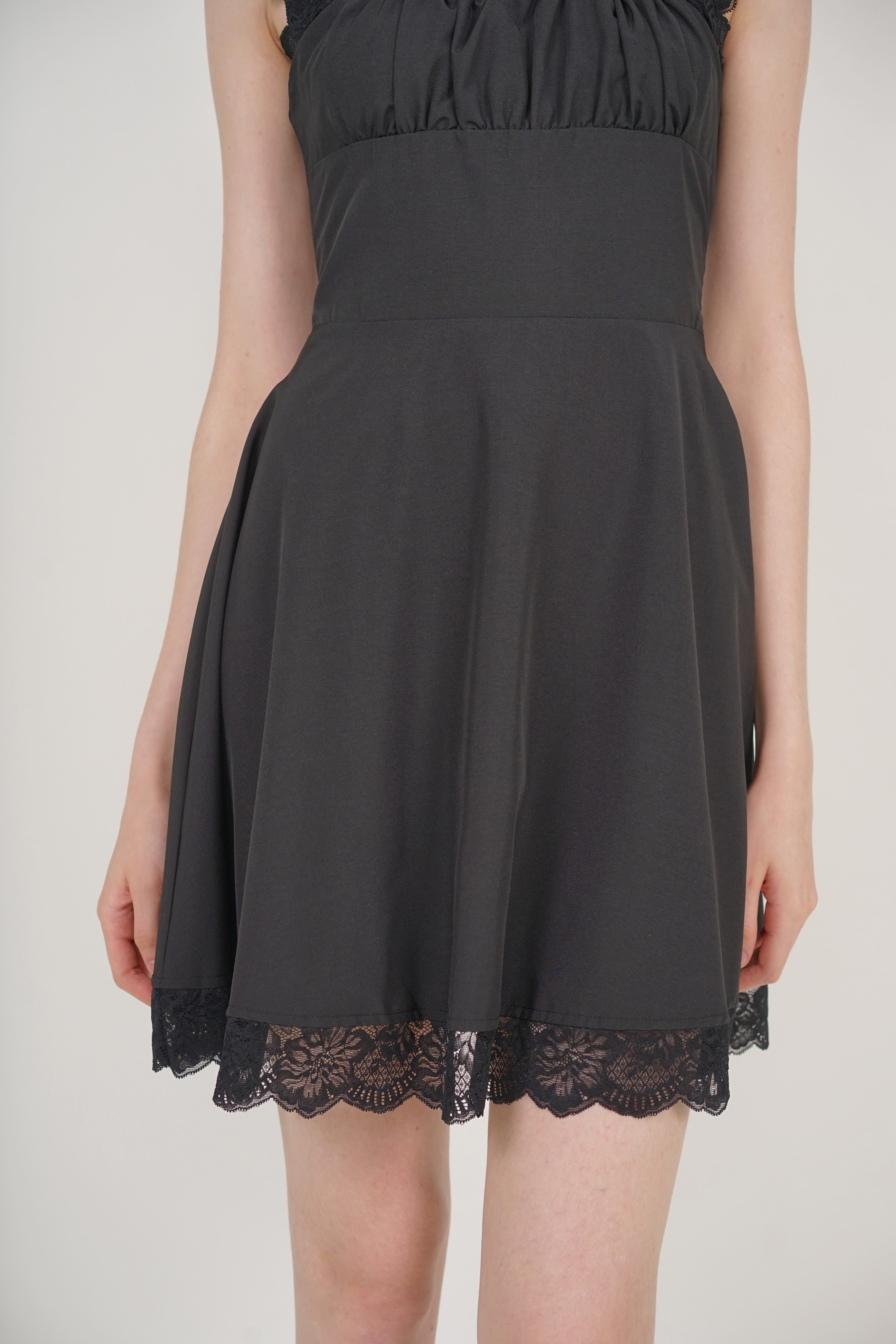 Ruched Flare Lace Mini Dress in Black