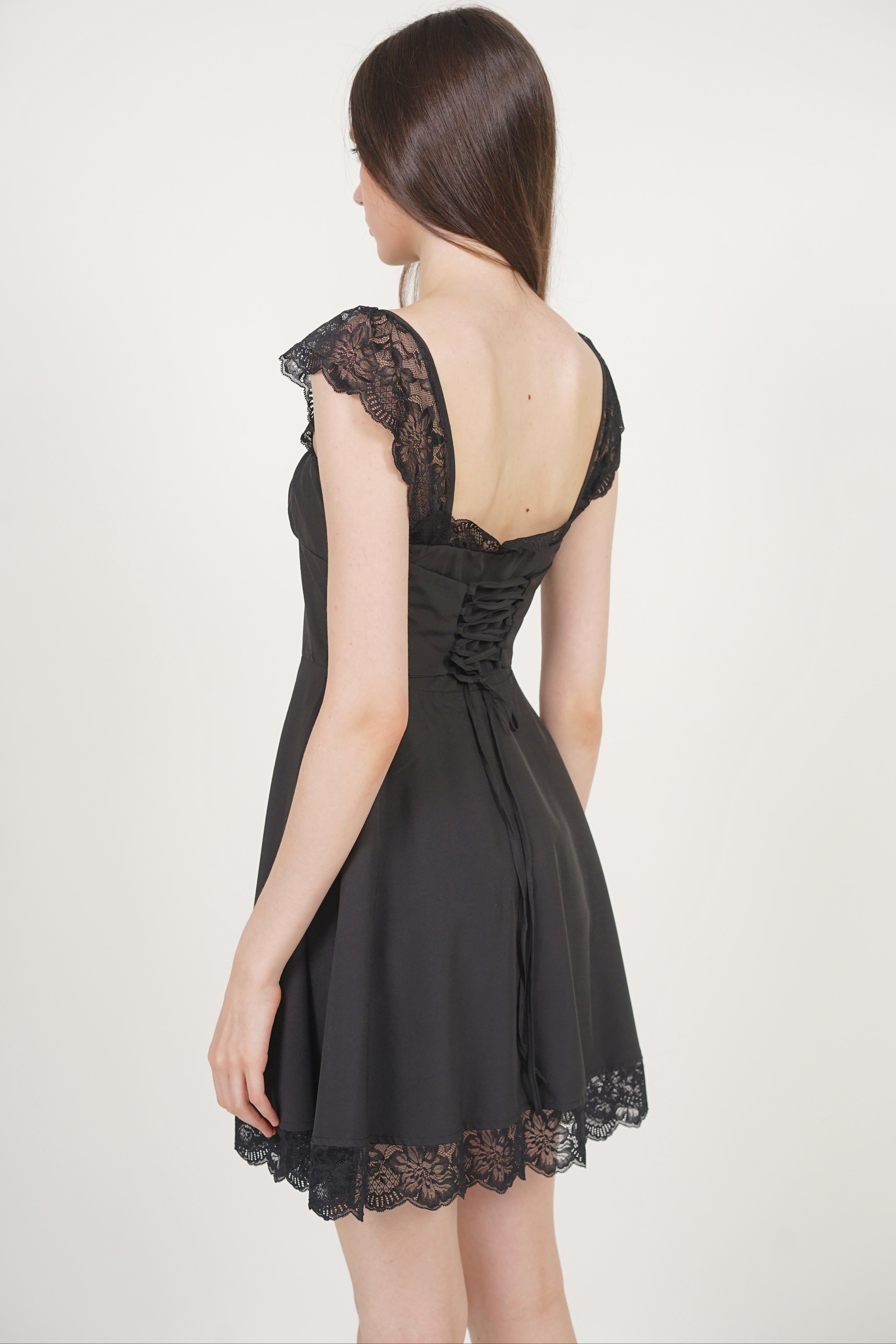 Ruched Flare Lace Mini Dress in Black