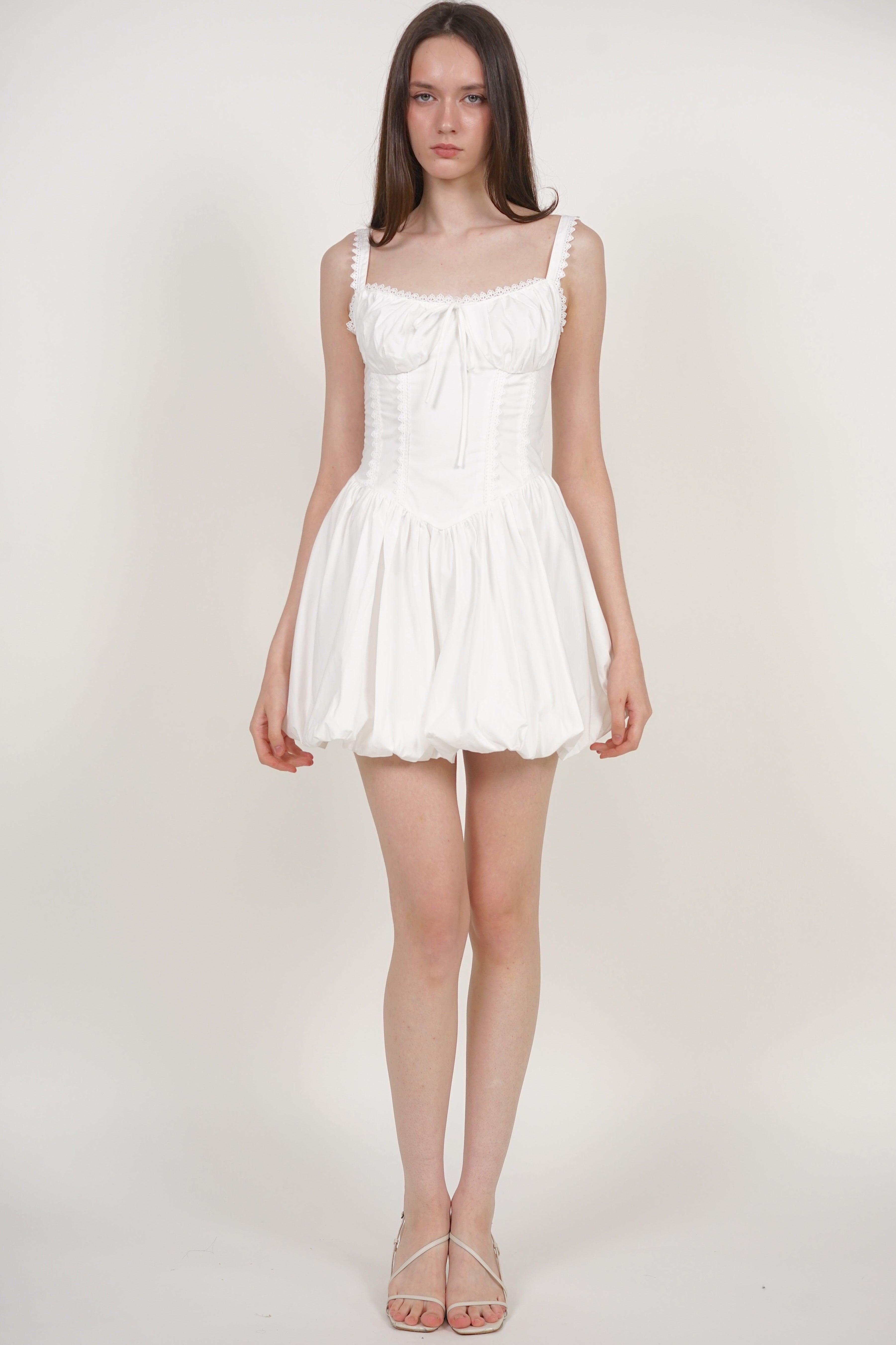 Lace-Up Gathered Hem Dress in White
