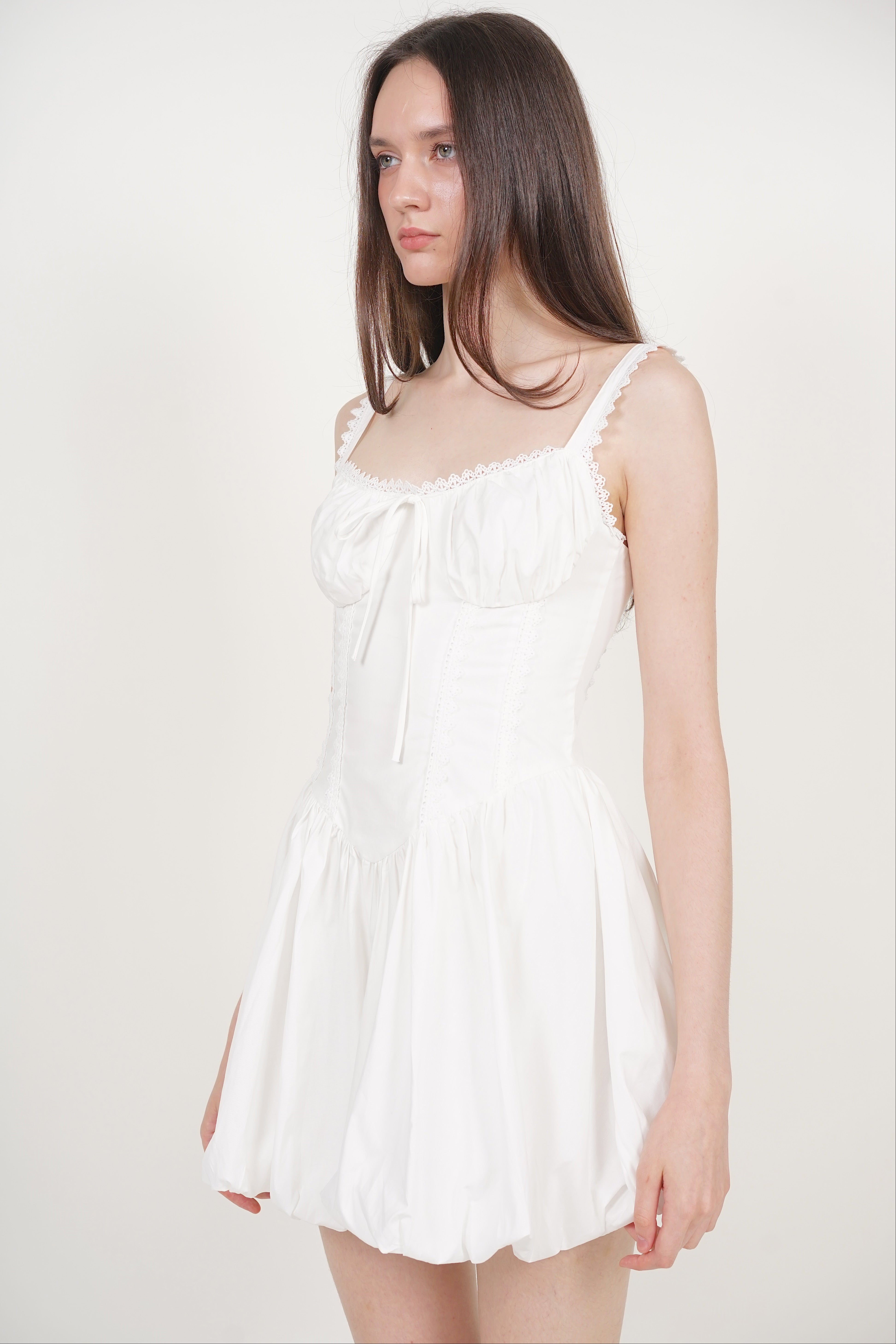 Lace-Up Gathered Hem Dress in White
