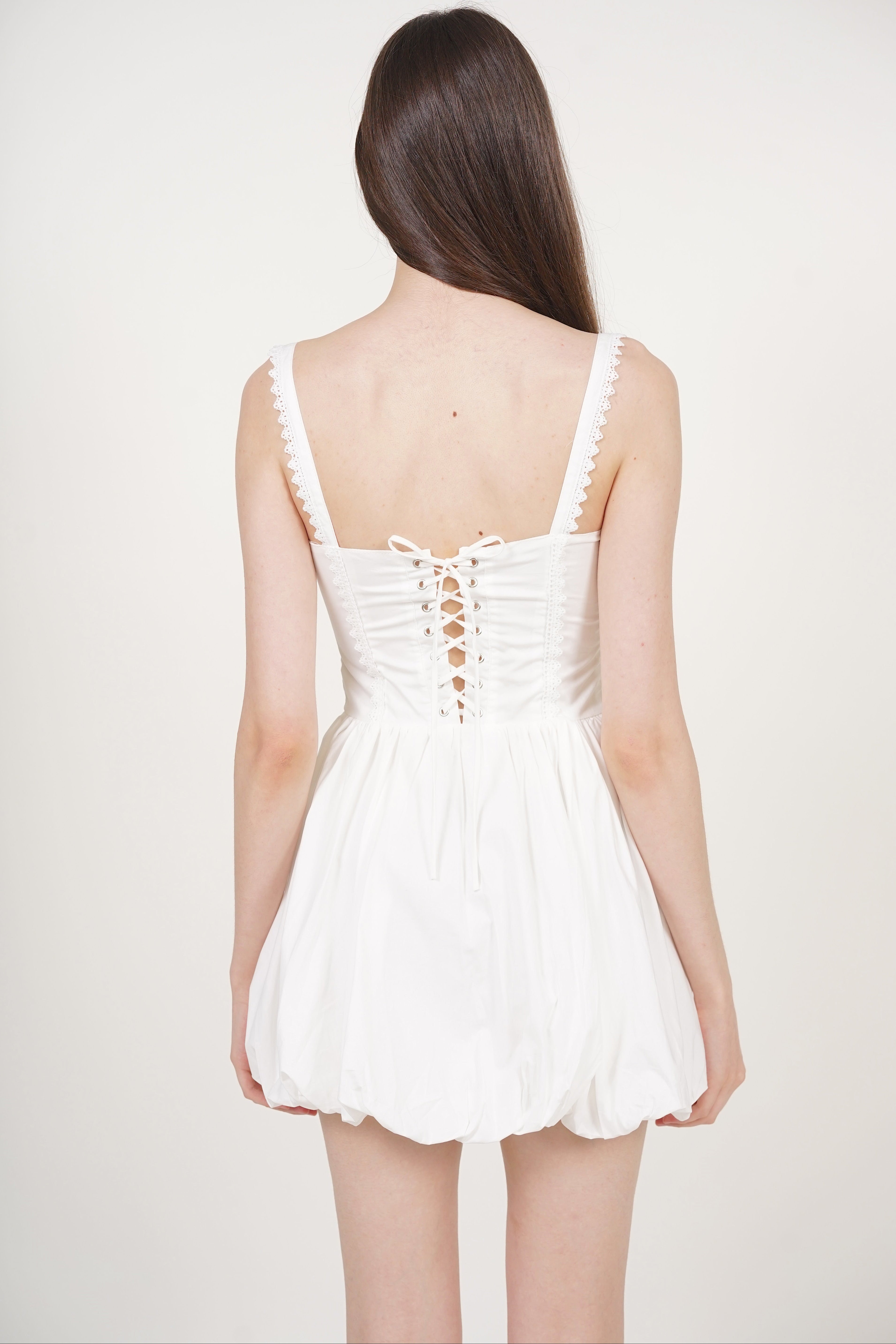 Lace-Up Gathered Hem Dress in White