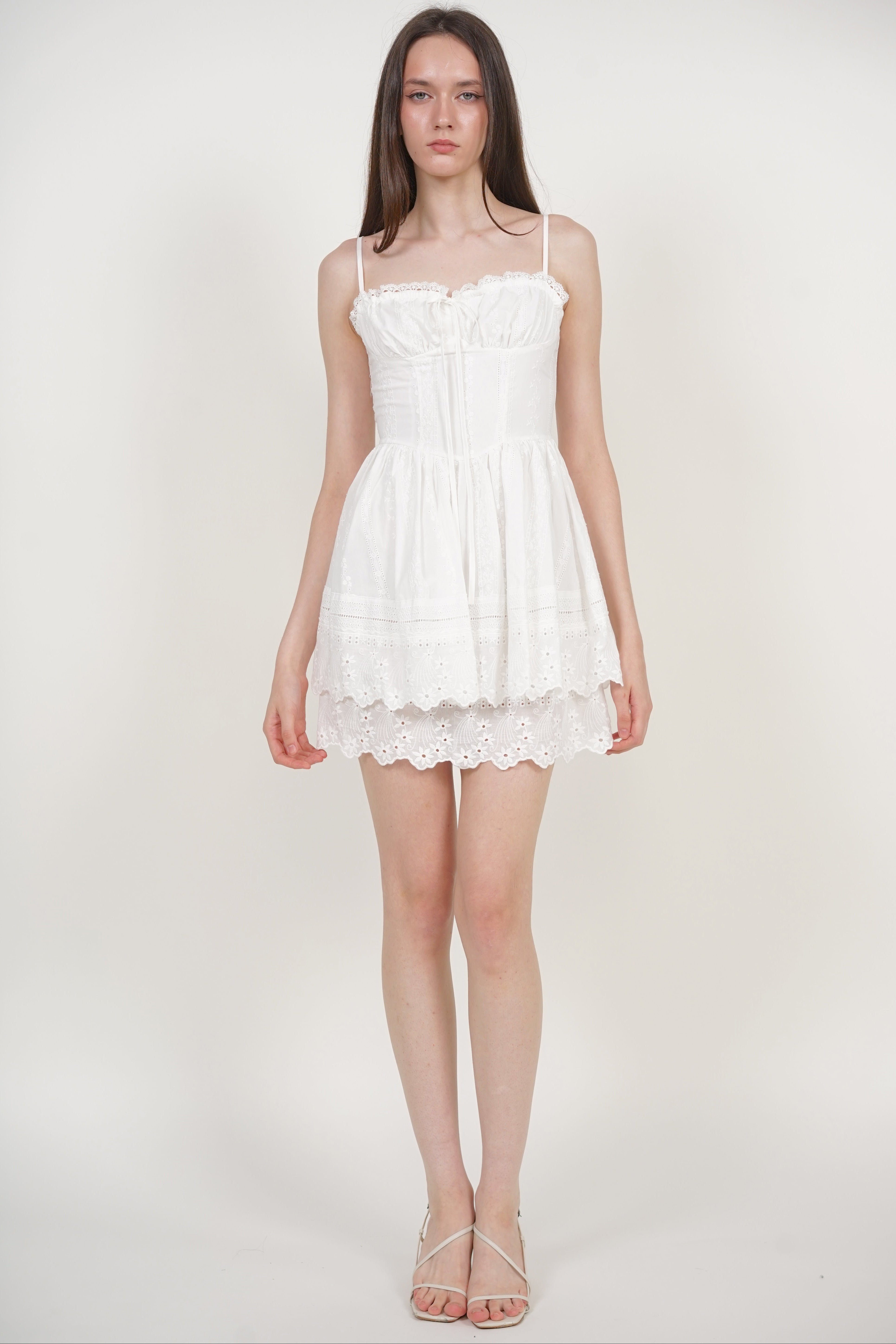 Sweetheart Strap Embroidered Dress in White