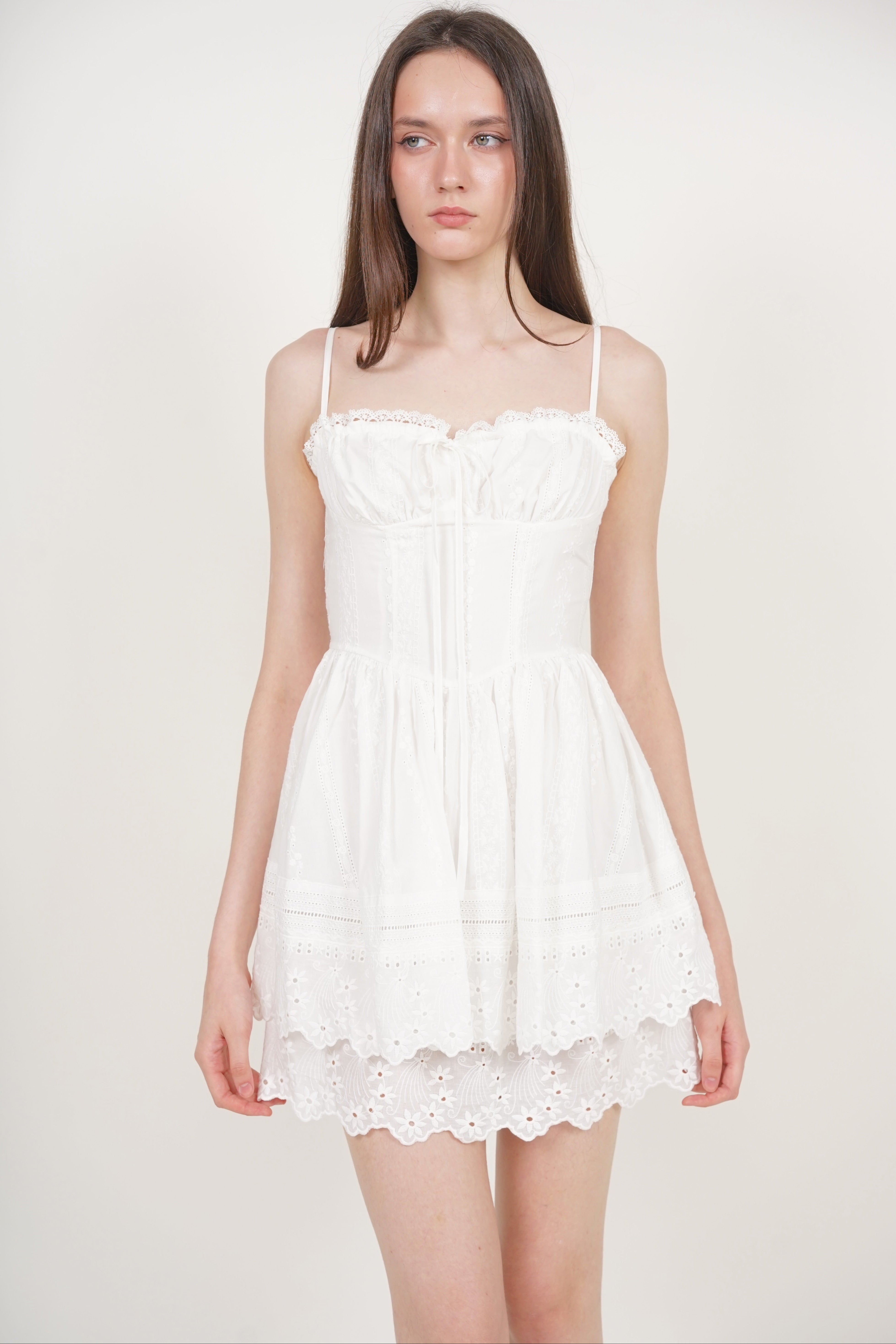 Sweetheart Strap Embroidered Dress in White
