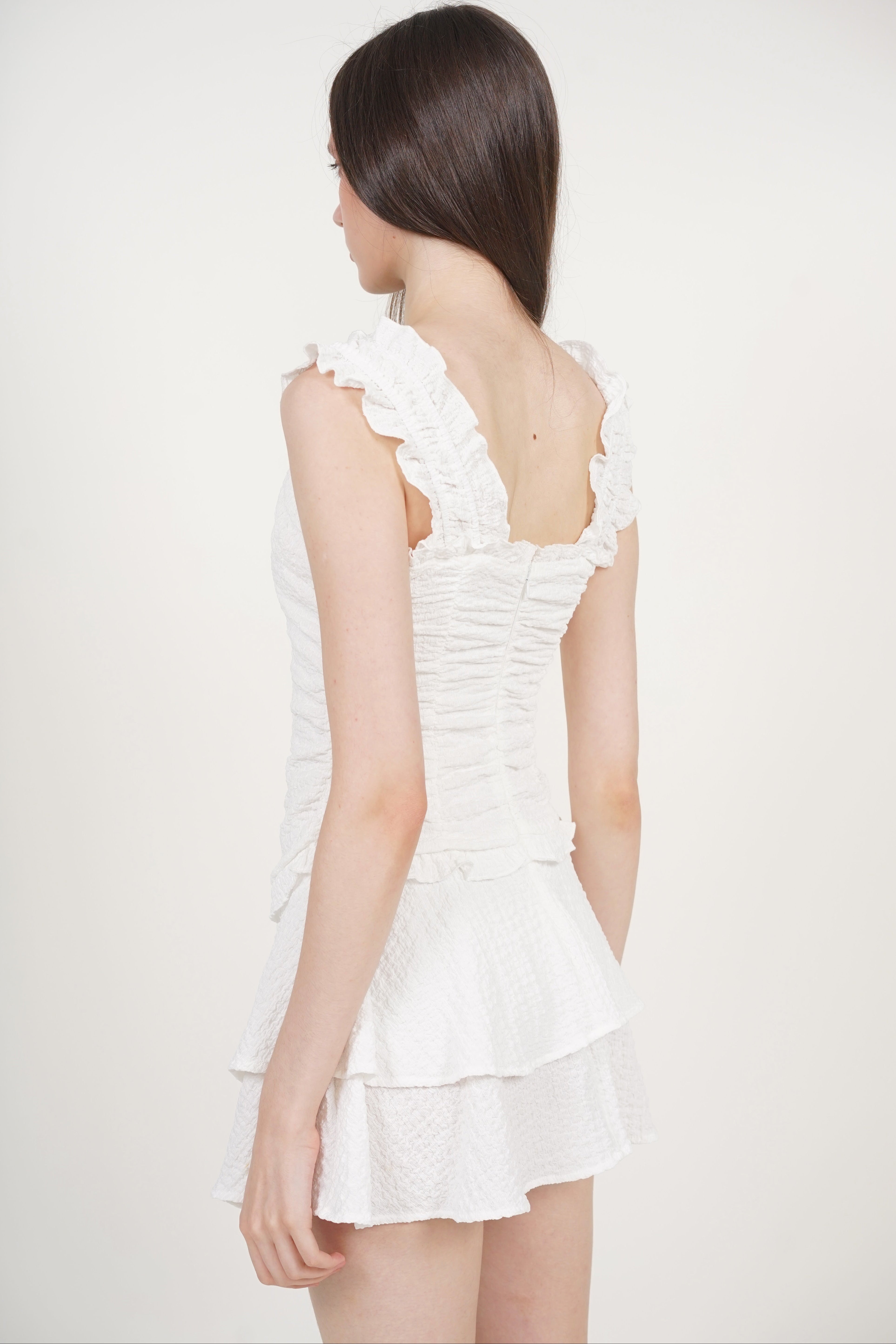 Ruched Ruffle Mini Dress in White