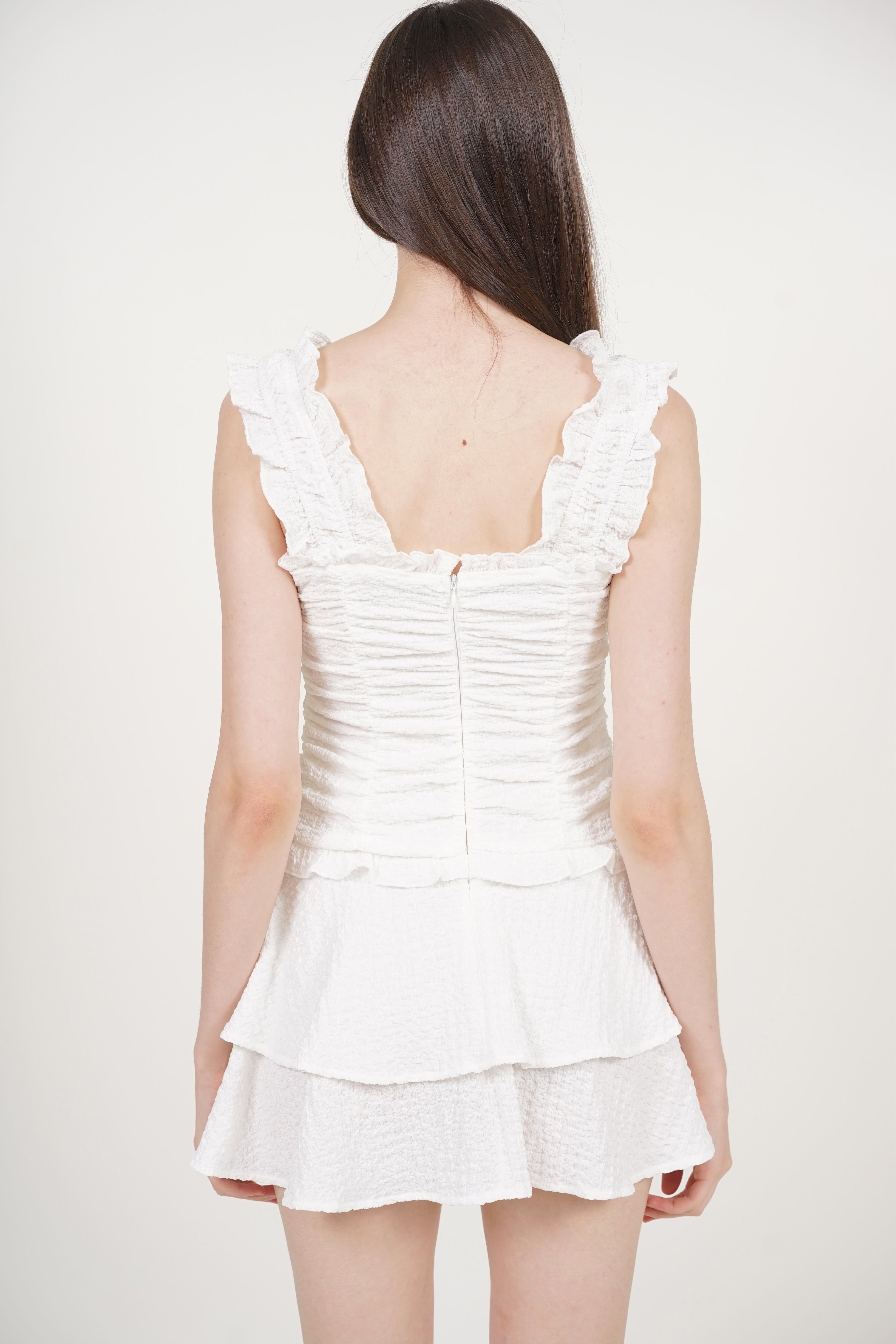 Ruched Ruffle Mini Dress in White