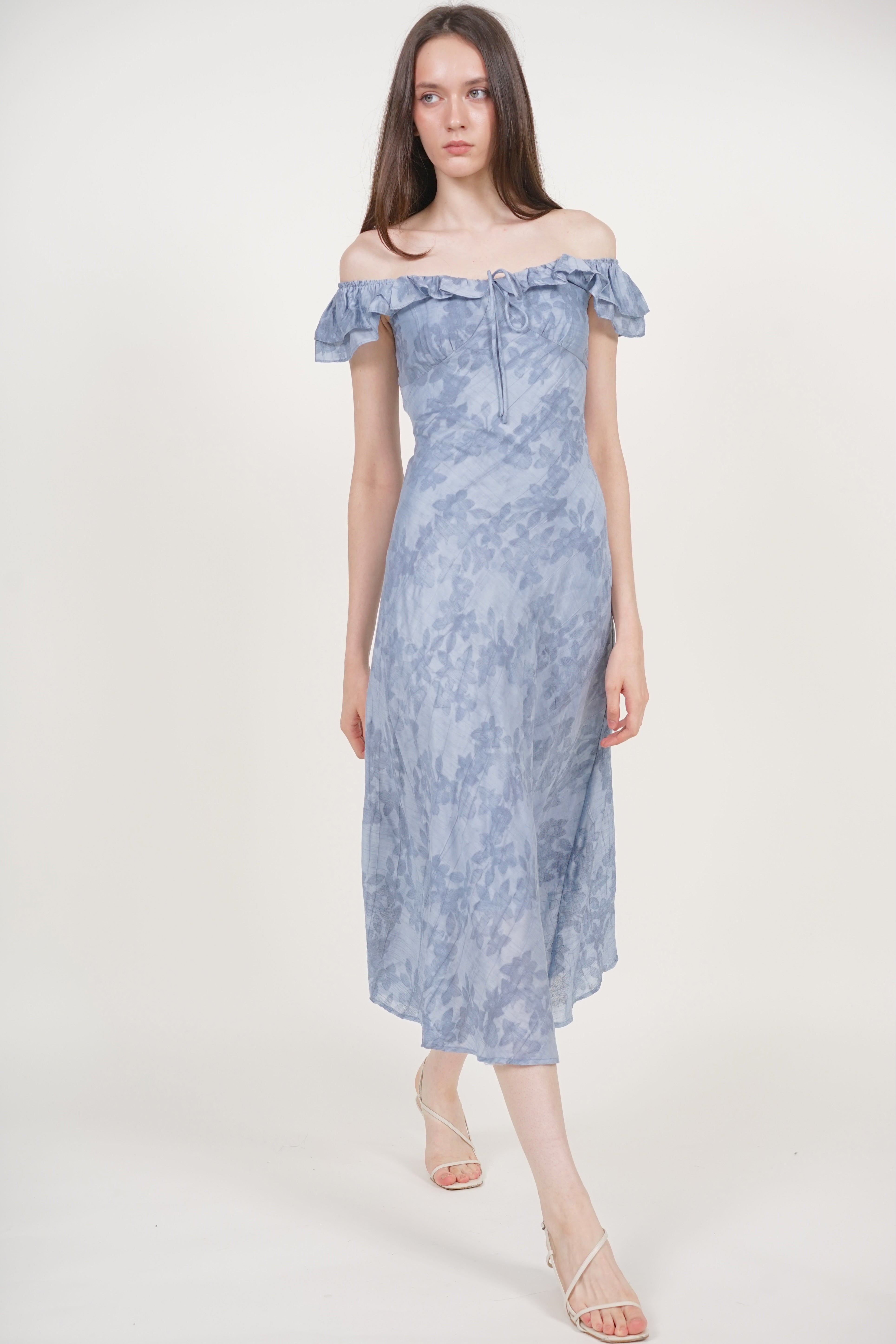 Ruffled Cap Sleeves Dress in Blue Floral Jacquard