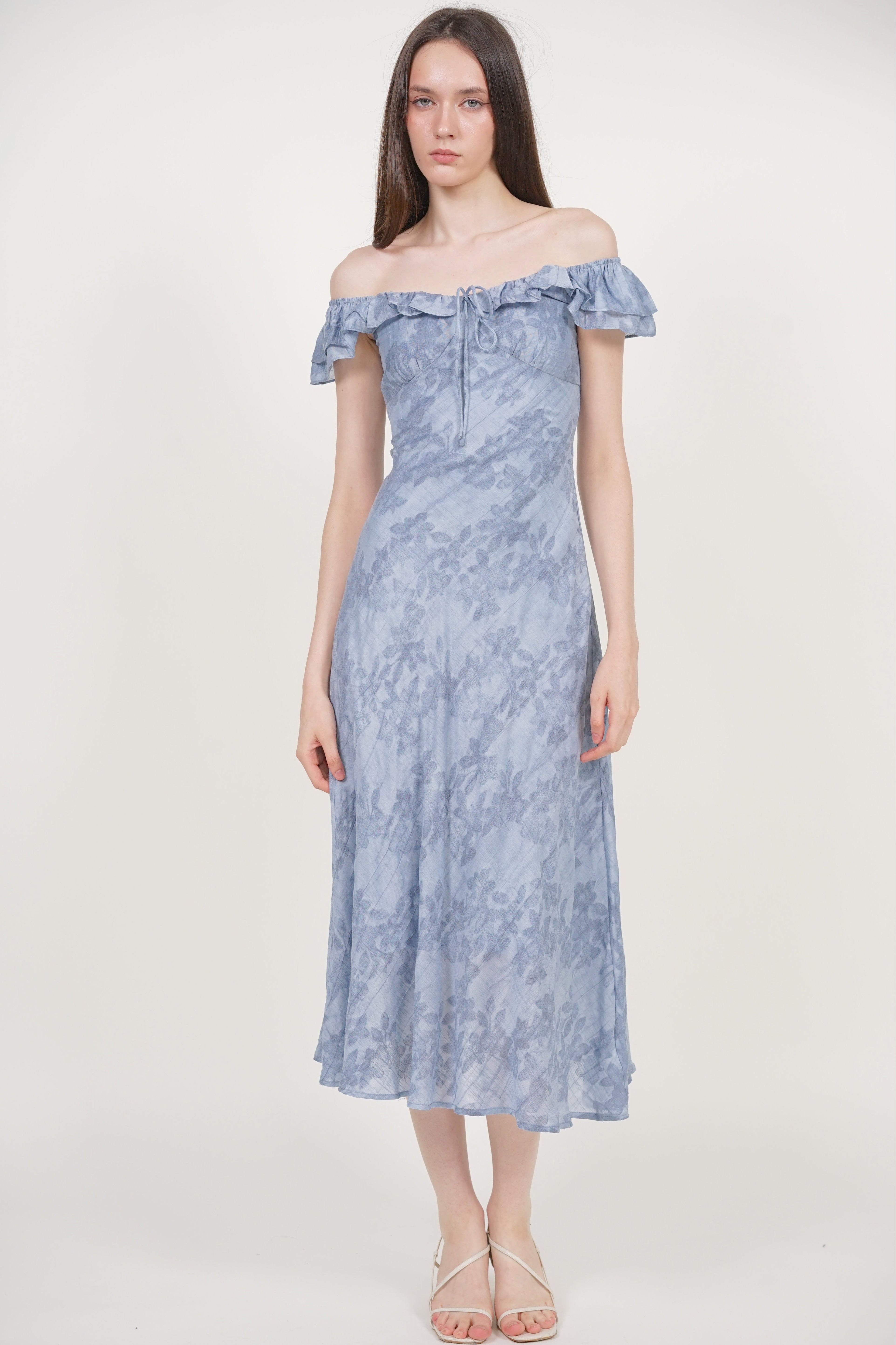 Ruffled Cap Sleeves Dress in Blue Floral Jacquard