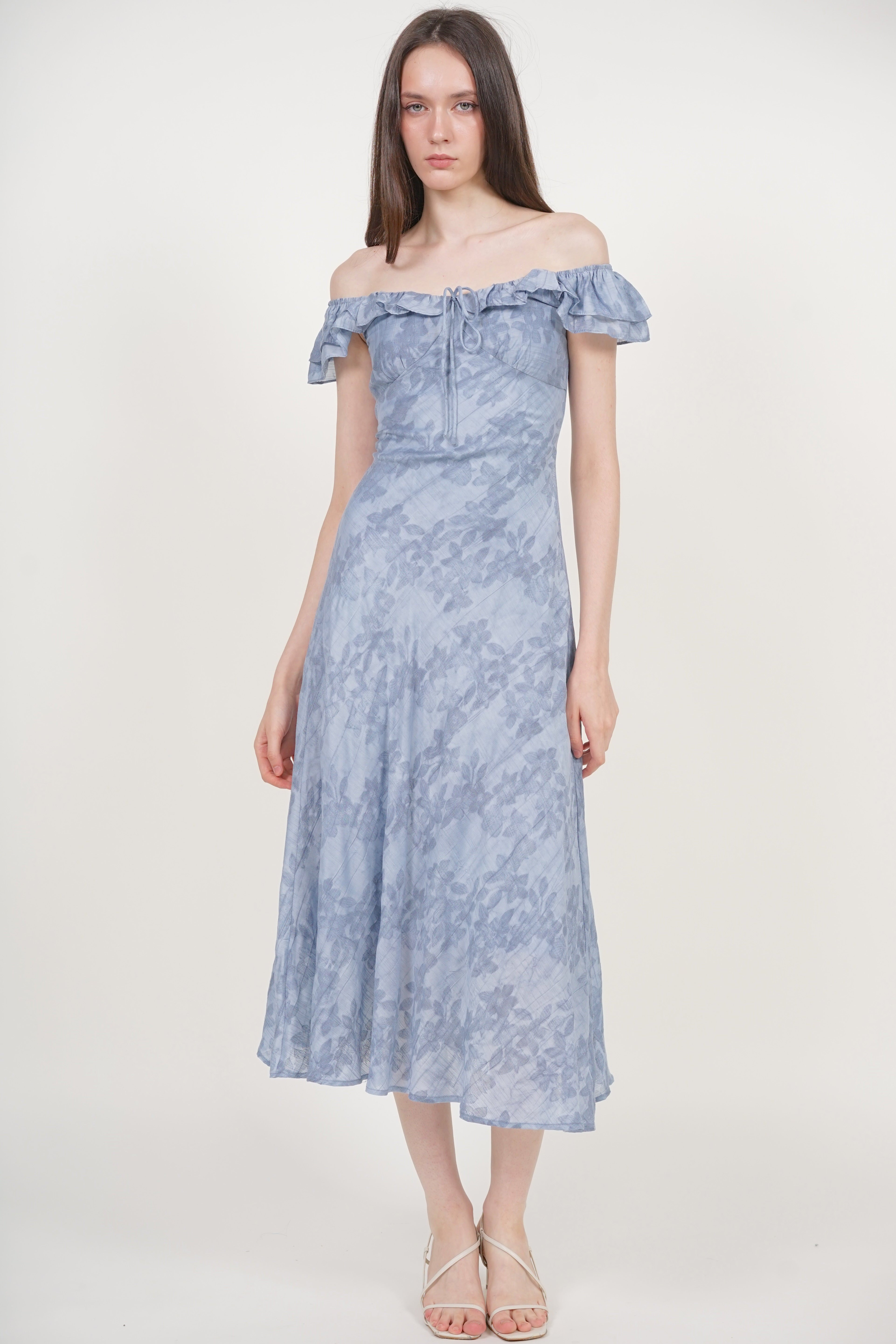 Ruffled Cap Sleeves Dress in Blue Floral Jacquard