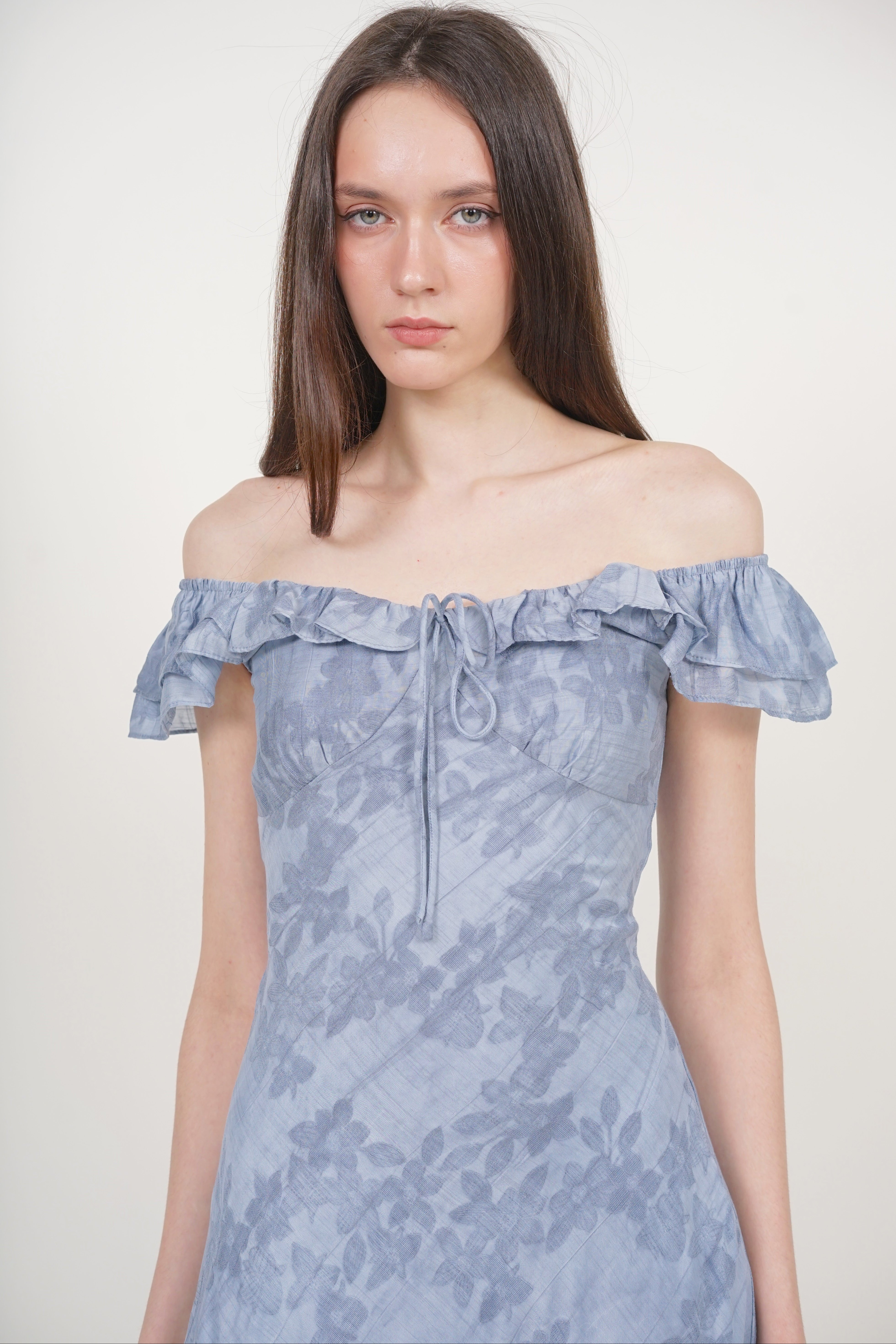 Ruffled Cap Sleeves Dress in Blue Floral Jacquard