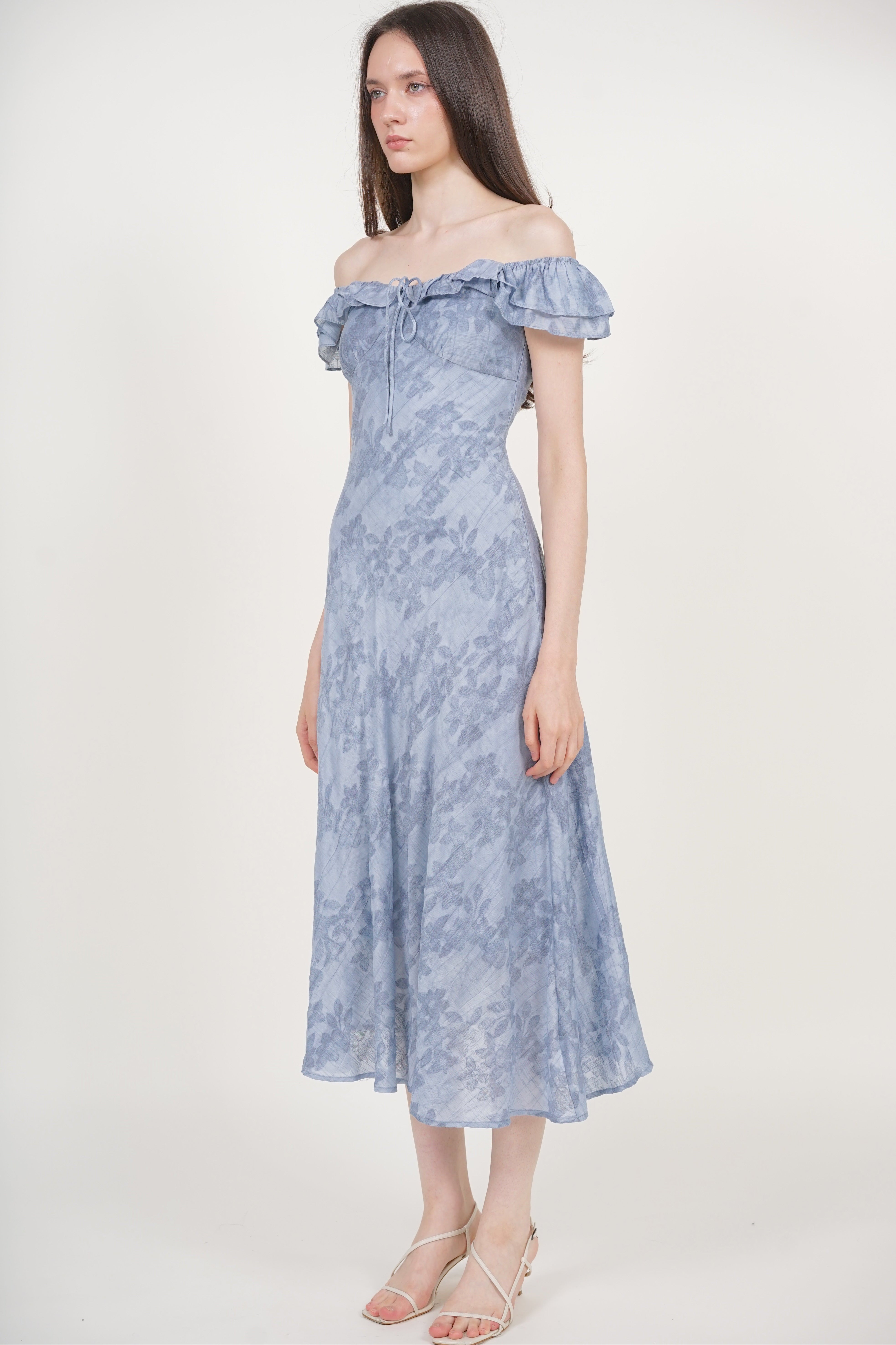 Ruffled Cap Sleeves Dress in Blue Floral Jacquard