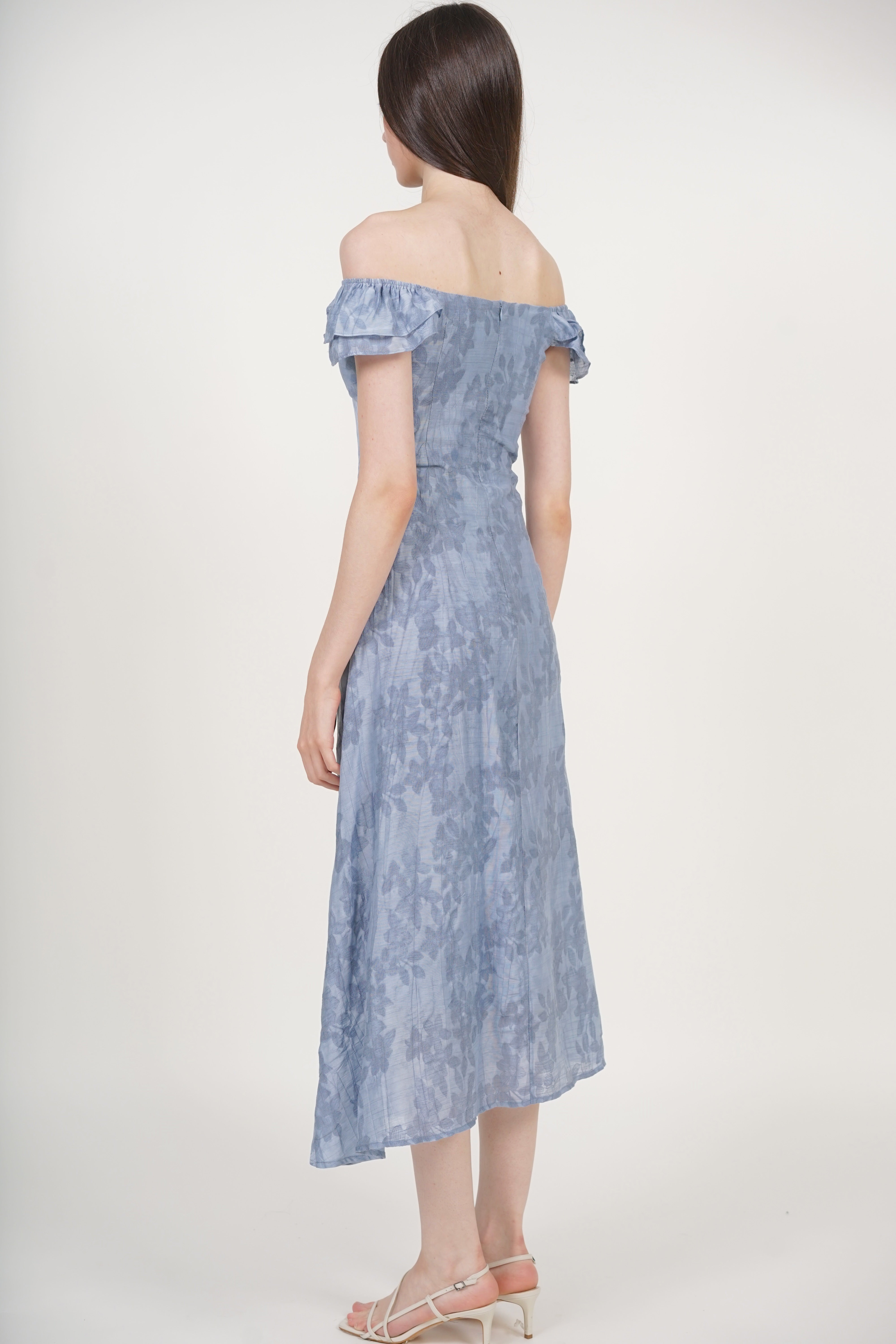 Ruffled Cap Sleeves Dress in Blue Floral Jacquard
