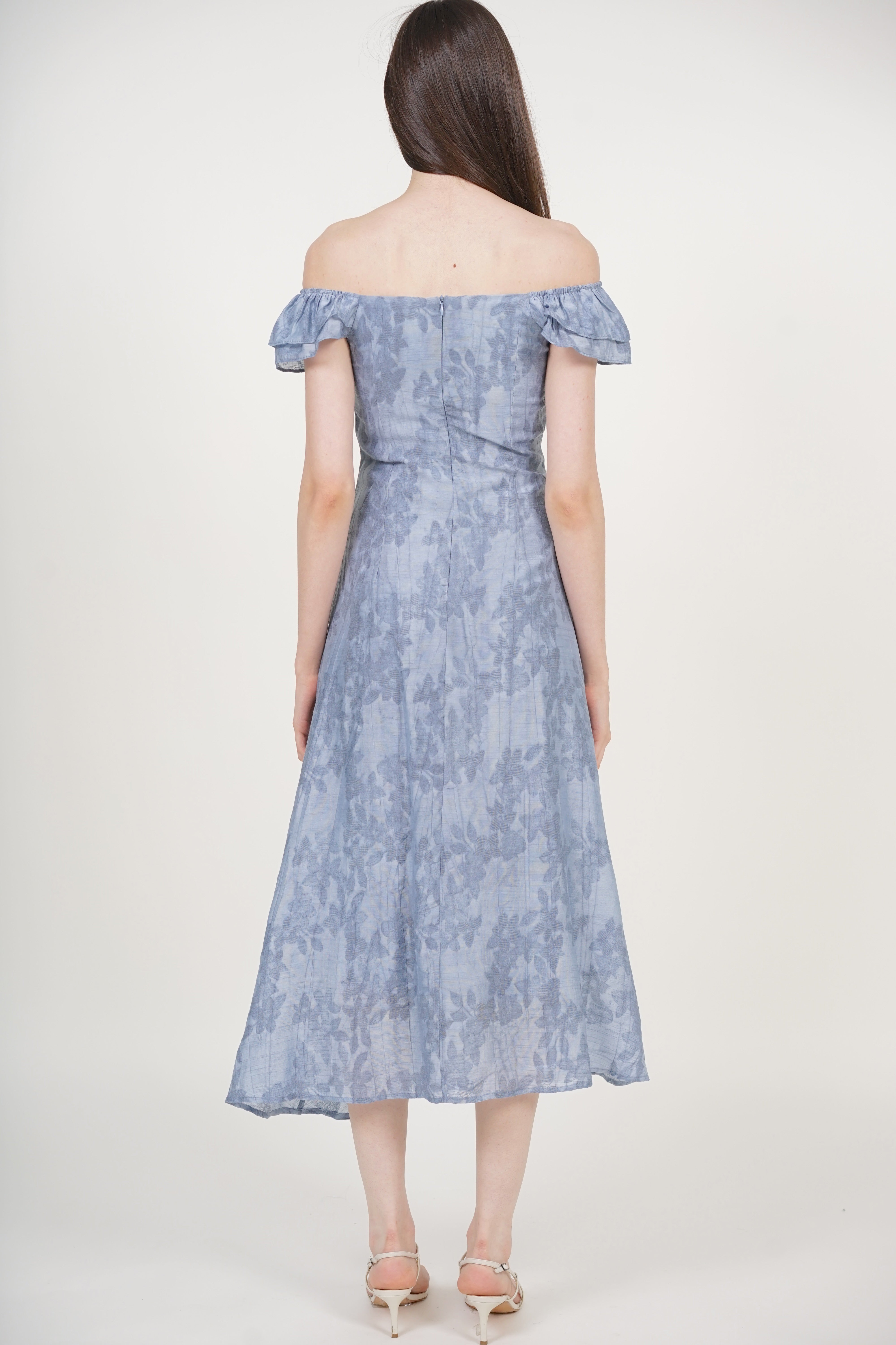 Ruffled Cap Sleeves Dress in Blue Floral Jacquard
