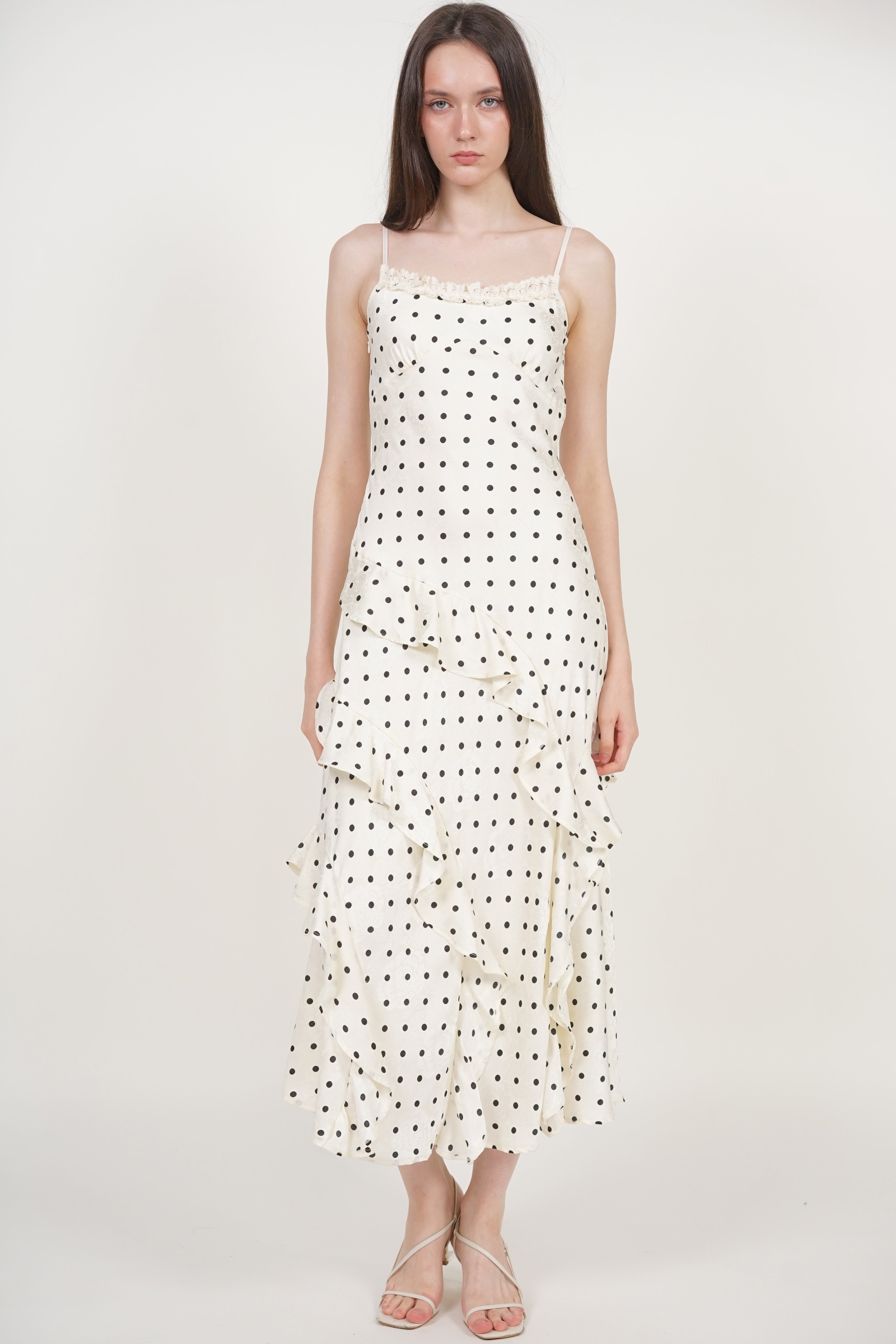 Cami Ruffled Maxi Dress in White Polka Dots