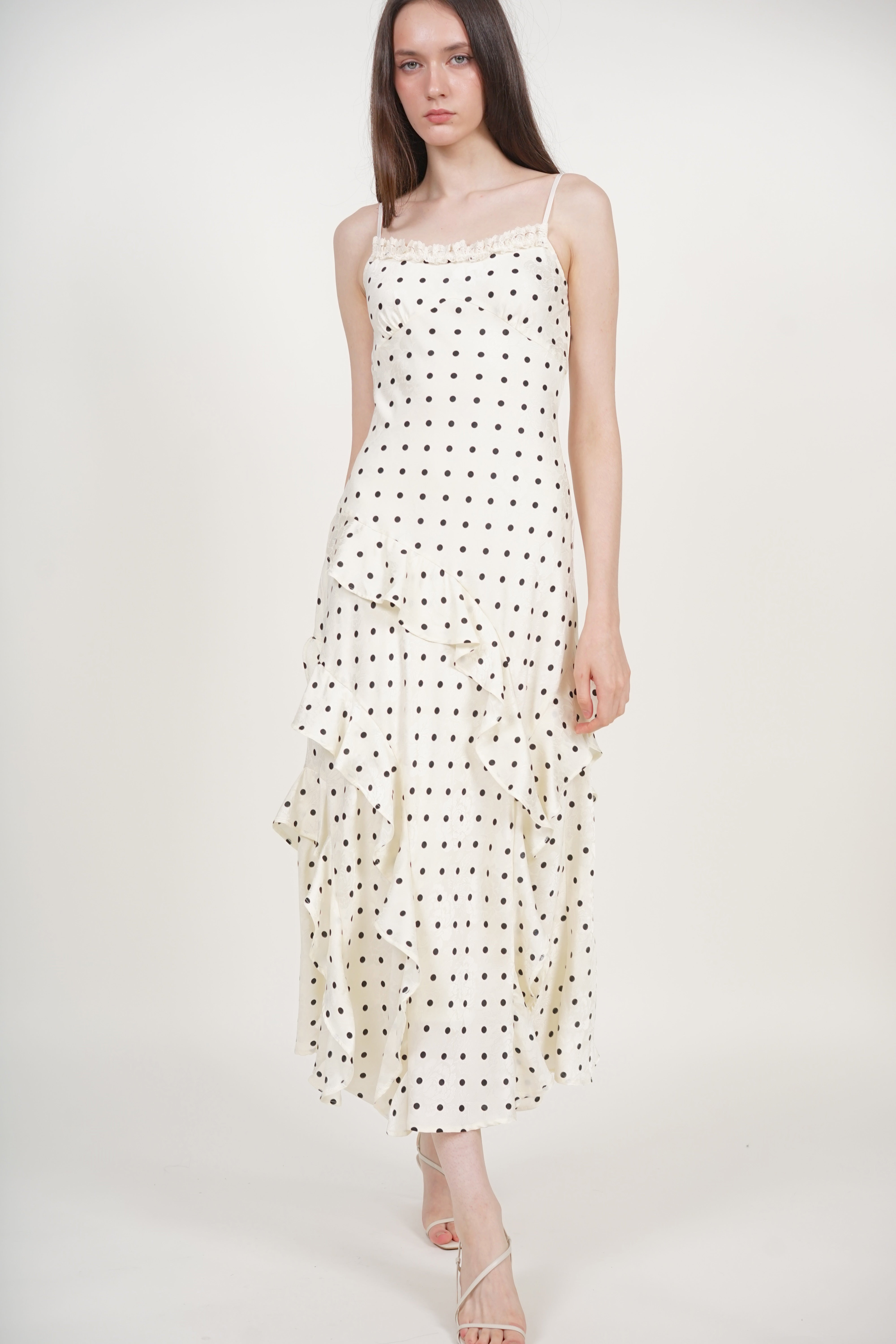 Cami Ruffled Maxi Dress in White Polka Dots