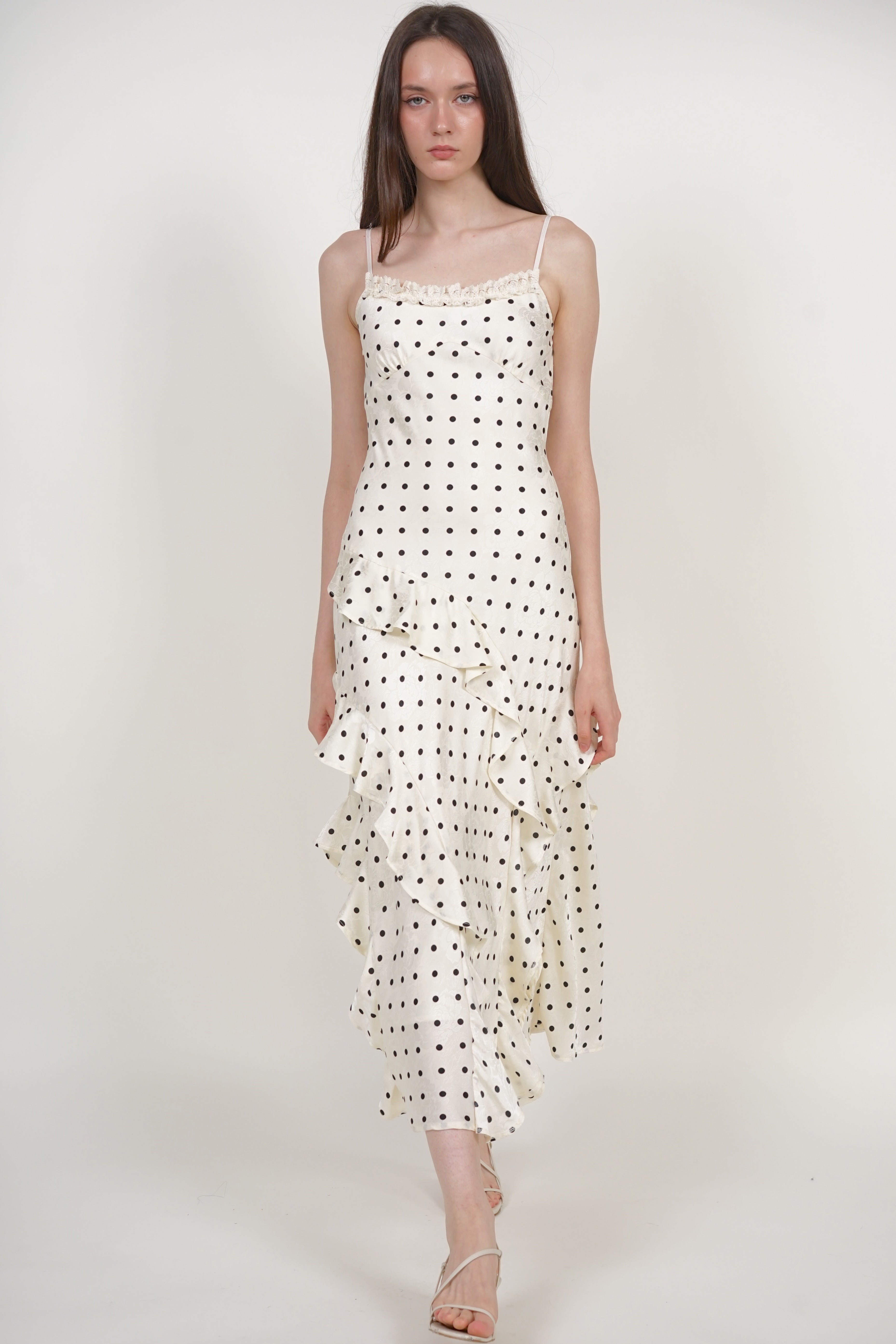 Cami Ruffled Maxi Dress in White Polka Dots