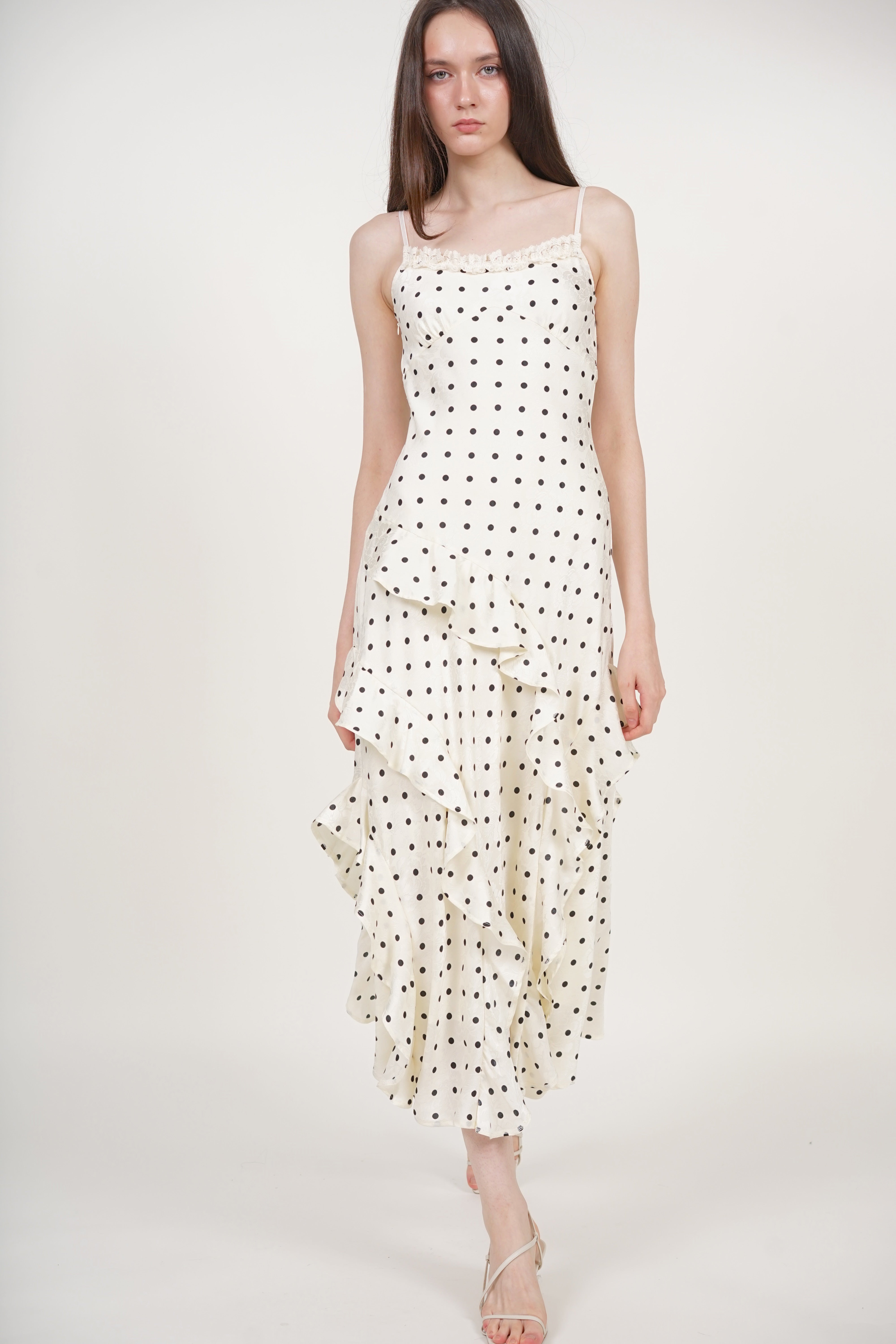Cami Ruffled Maxi Dress in White Polka Dots