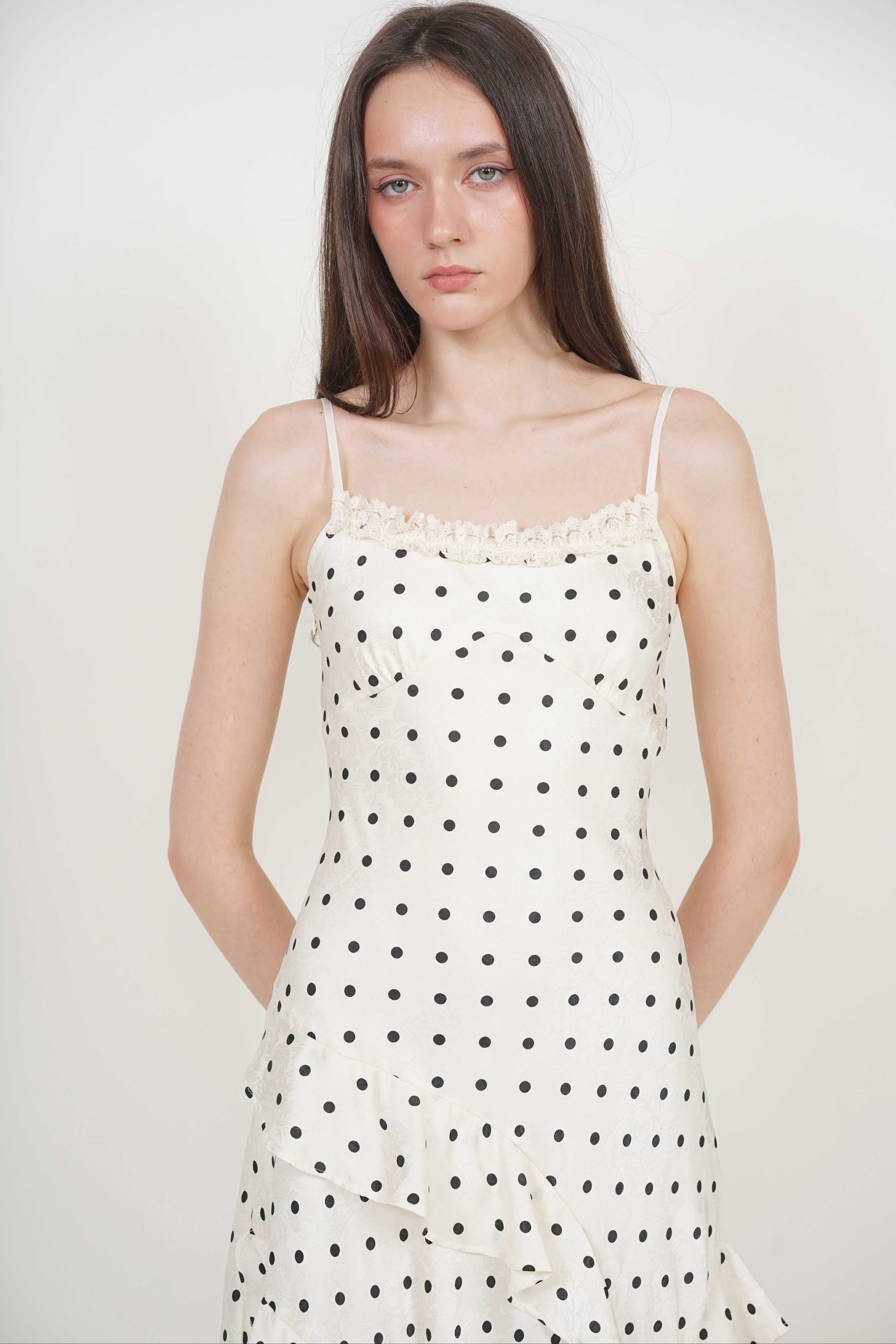 Cami Ruffled Maxi Dress in White Polka Dots
