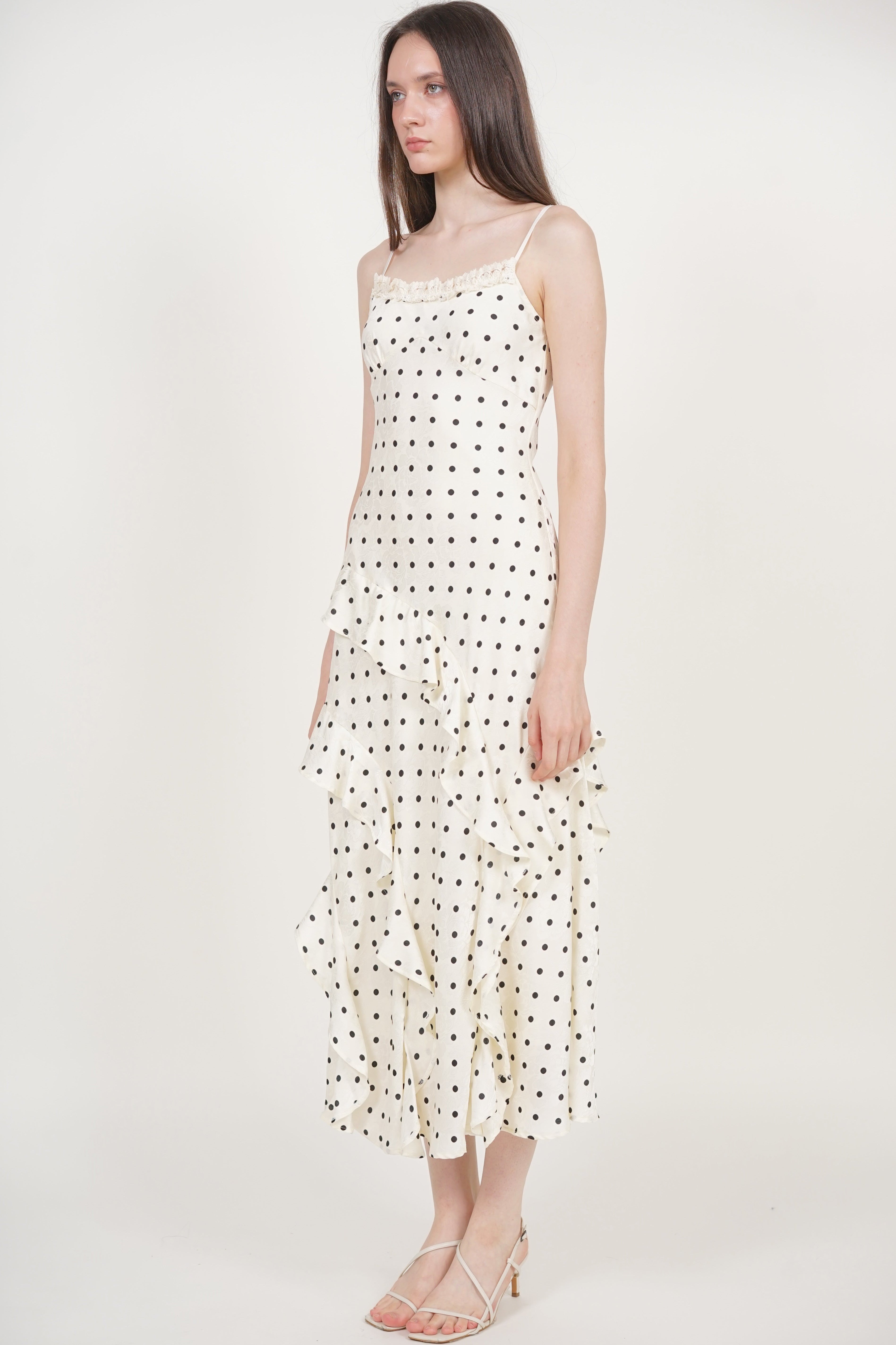 Cami Ruffled Maxi Dress in White Polka Dots