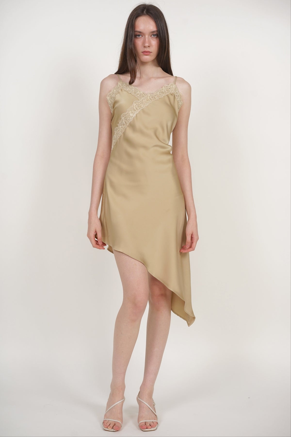 Asymmetrical Cami Lace Dress in Champagne Beige