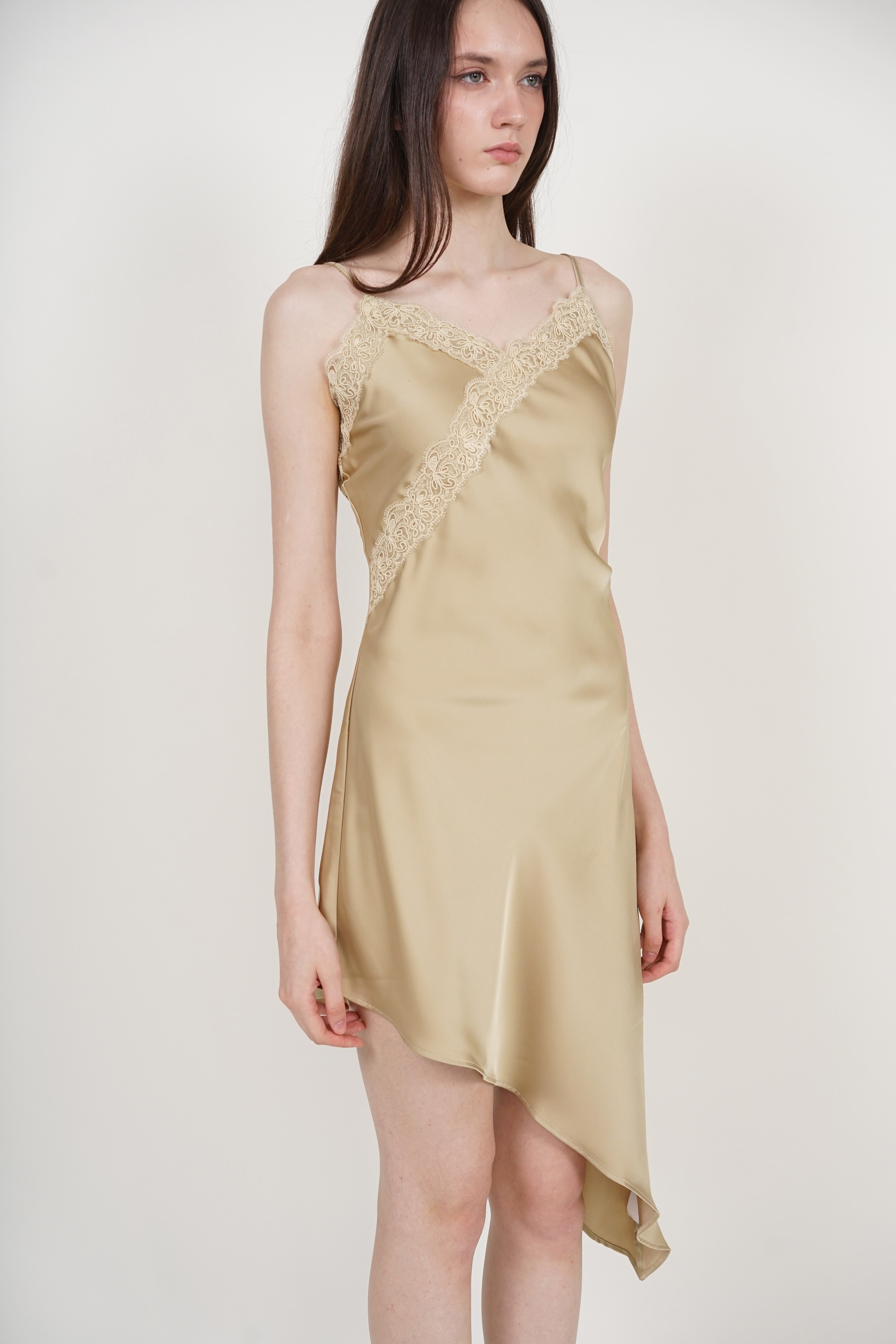 Asymmetrical Cami Lace Dress in Champagne Beige