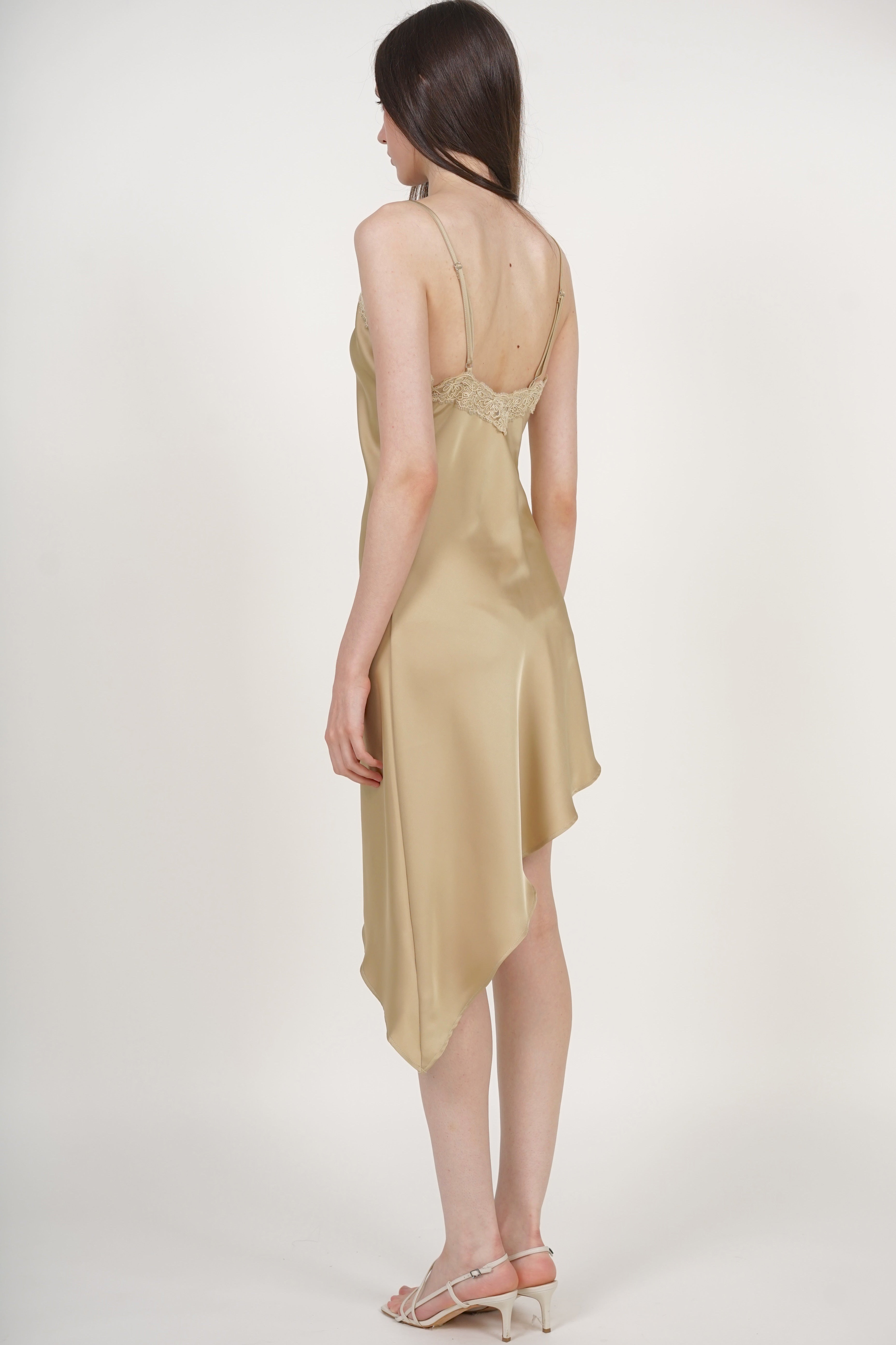 Asymmetrical Cami Lace Dress in Champagne Beige
