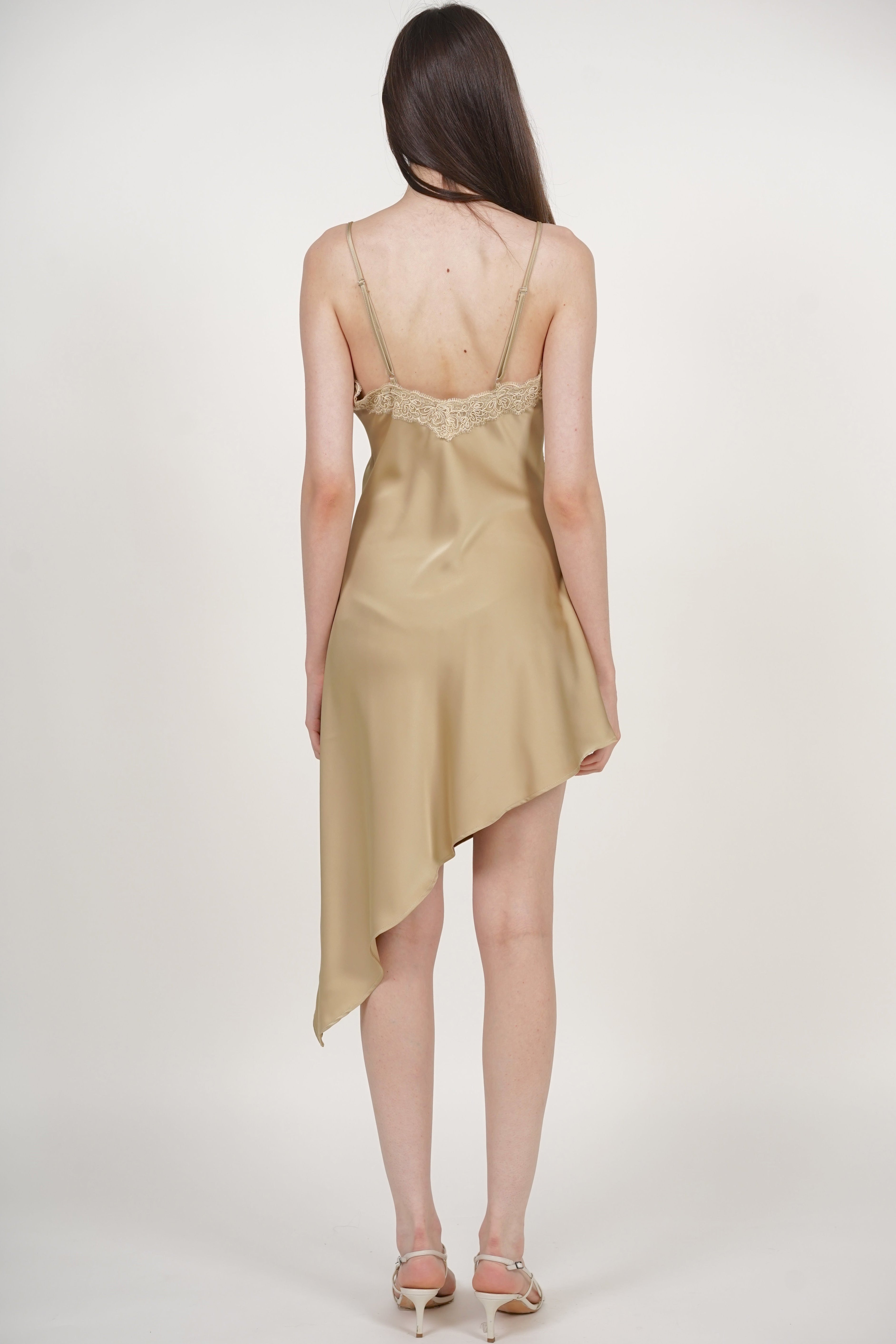 Asymmetrical Cami Lace Dress in Champagne Beige
