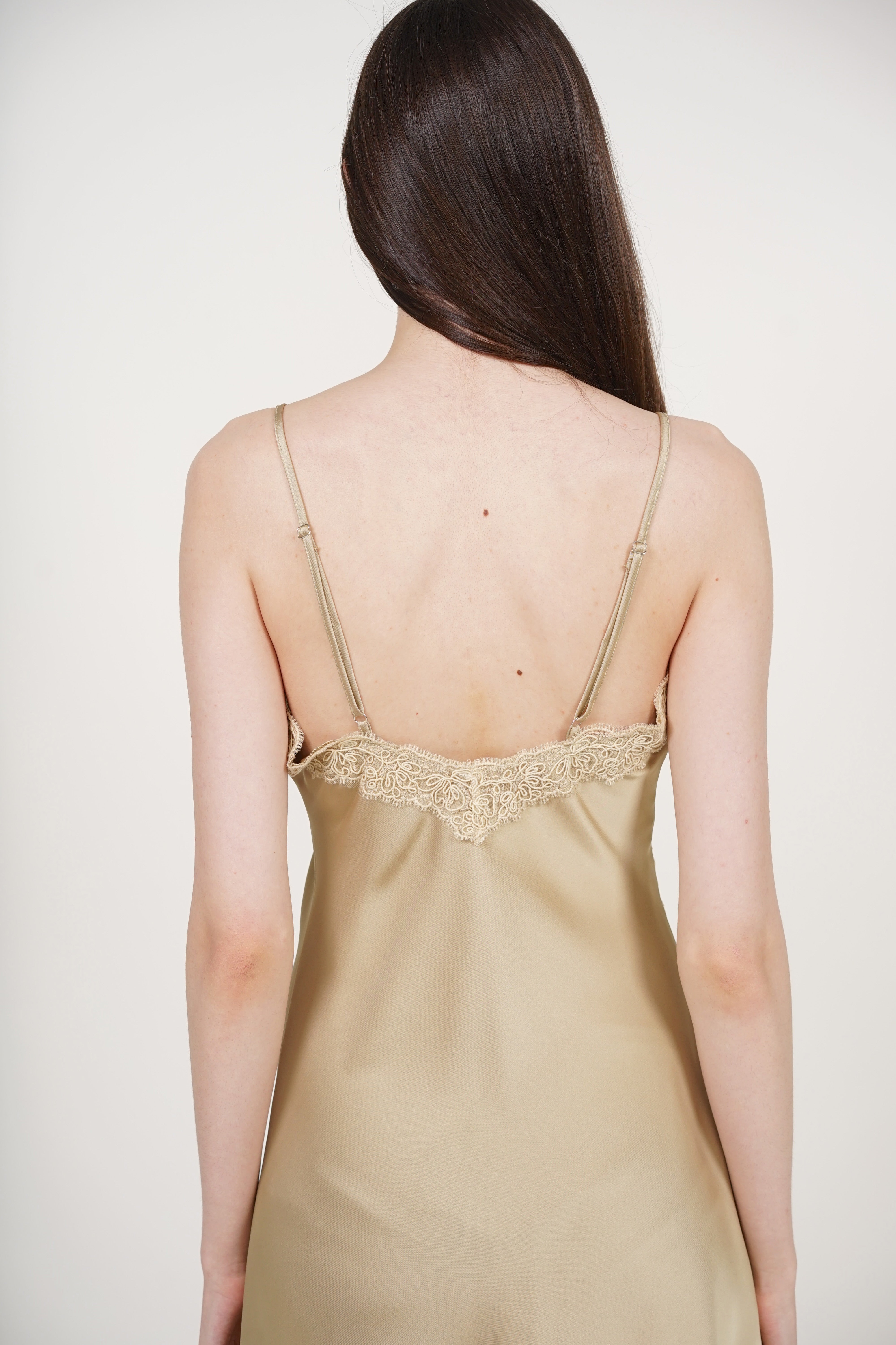Asymmetrical Cami Lace Dress in Champagne Beige