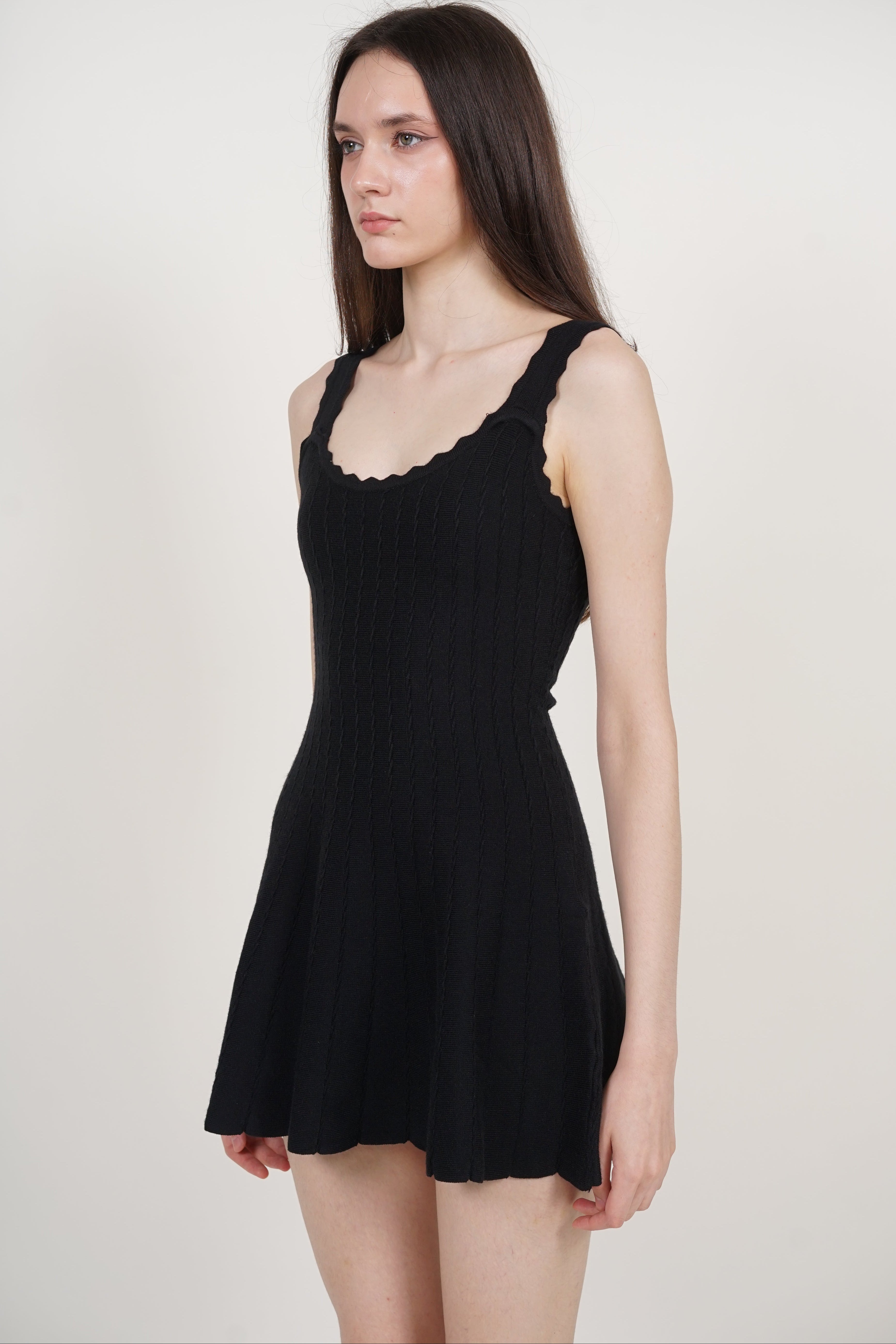 Knit Scallop Trim Flare Dress in Black