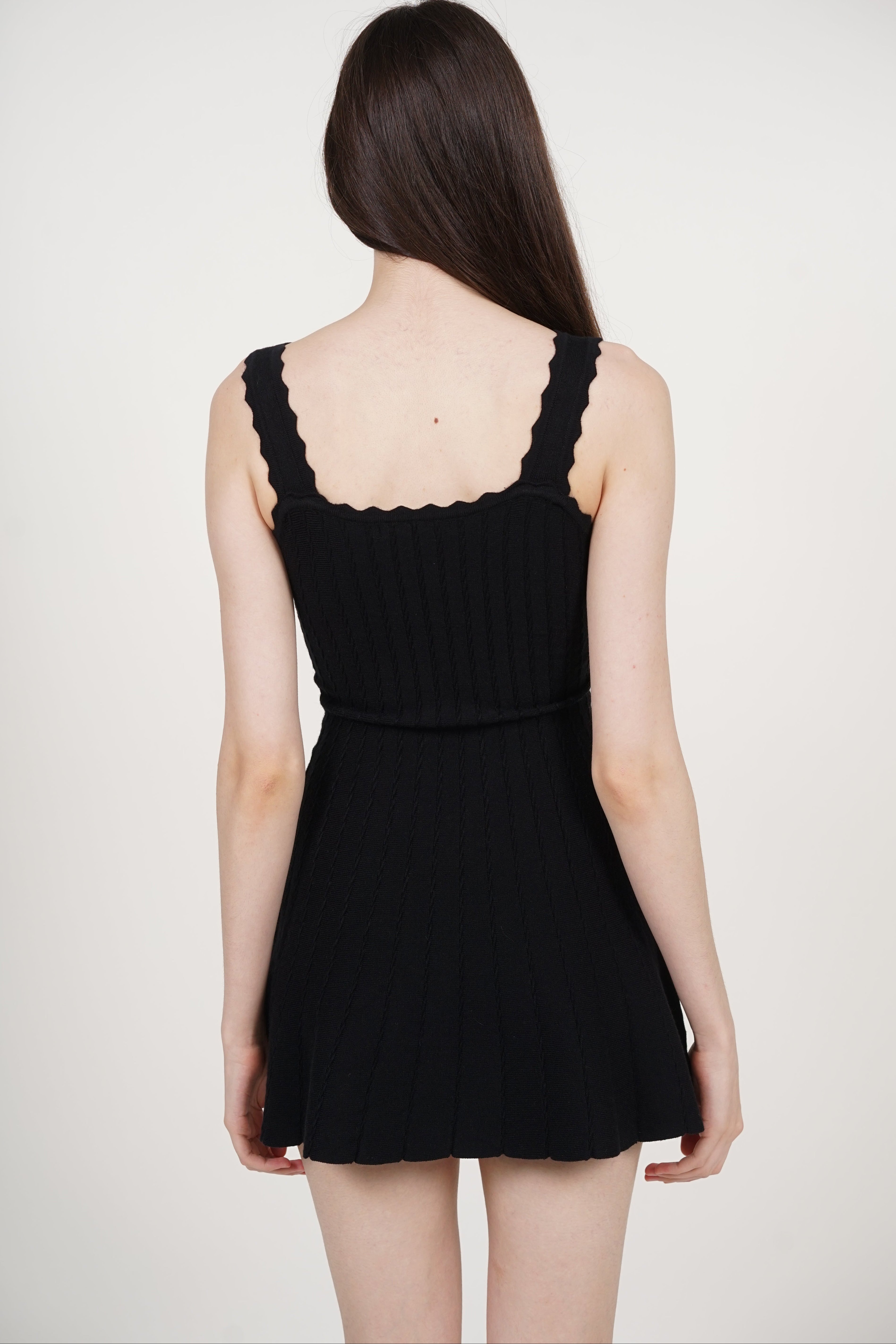 Knit Scallop Trim Flare Dress in Black