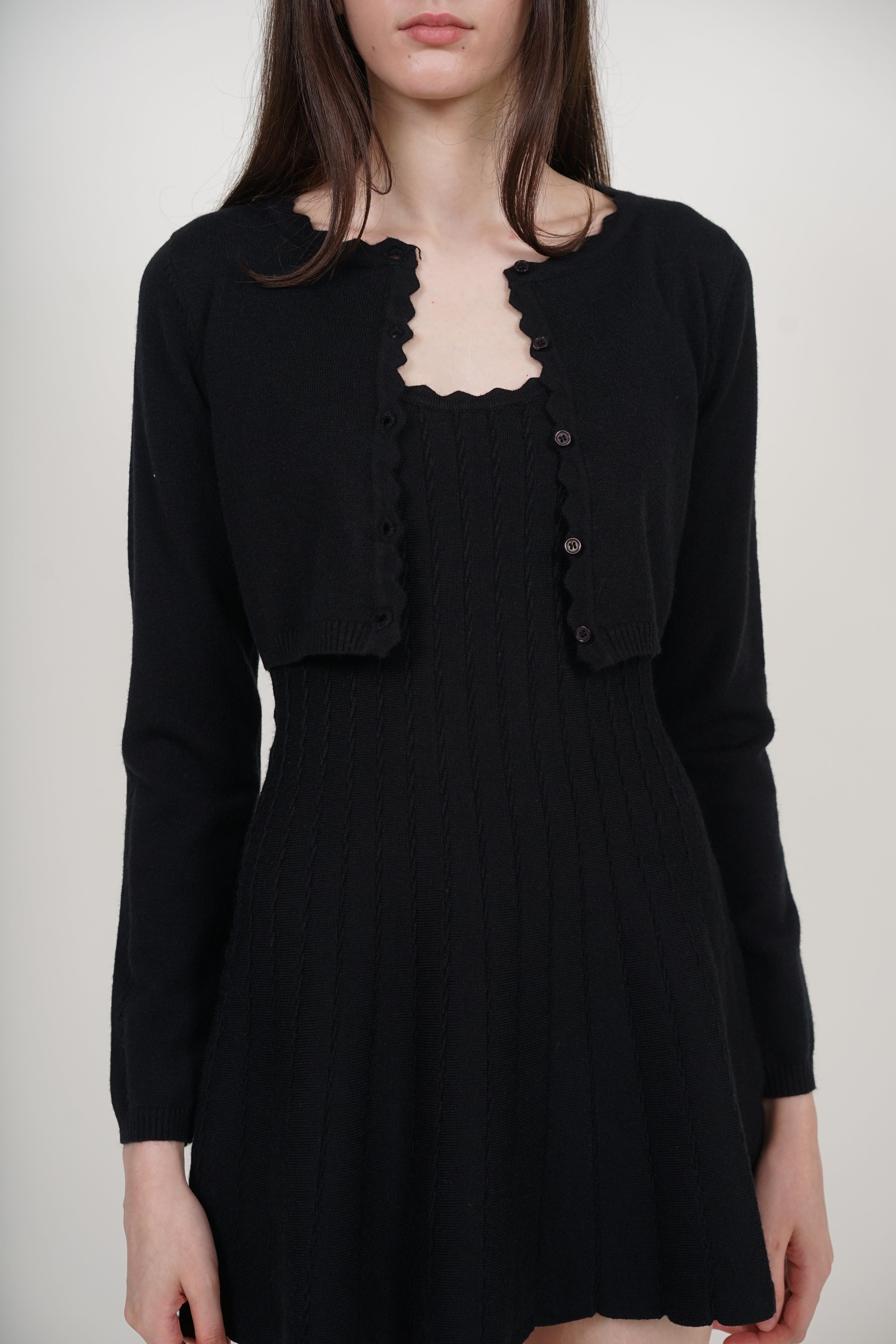 Knit Scallop Trim Cardigan in Black