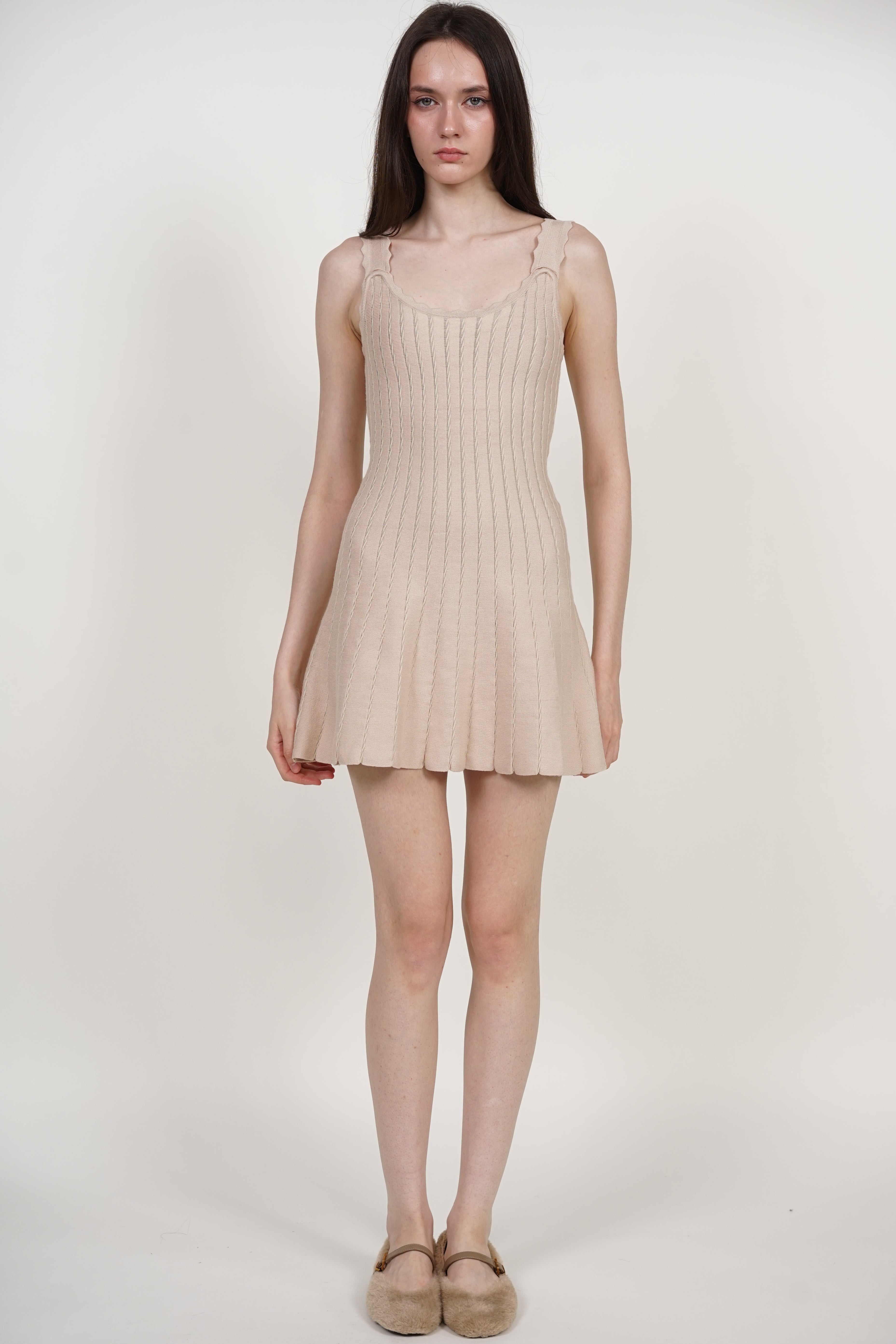 Knit Scallop Trim Flare Dress in Apricot