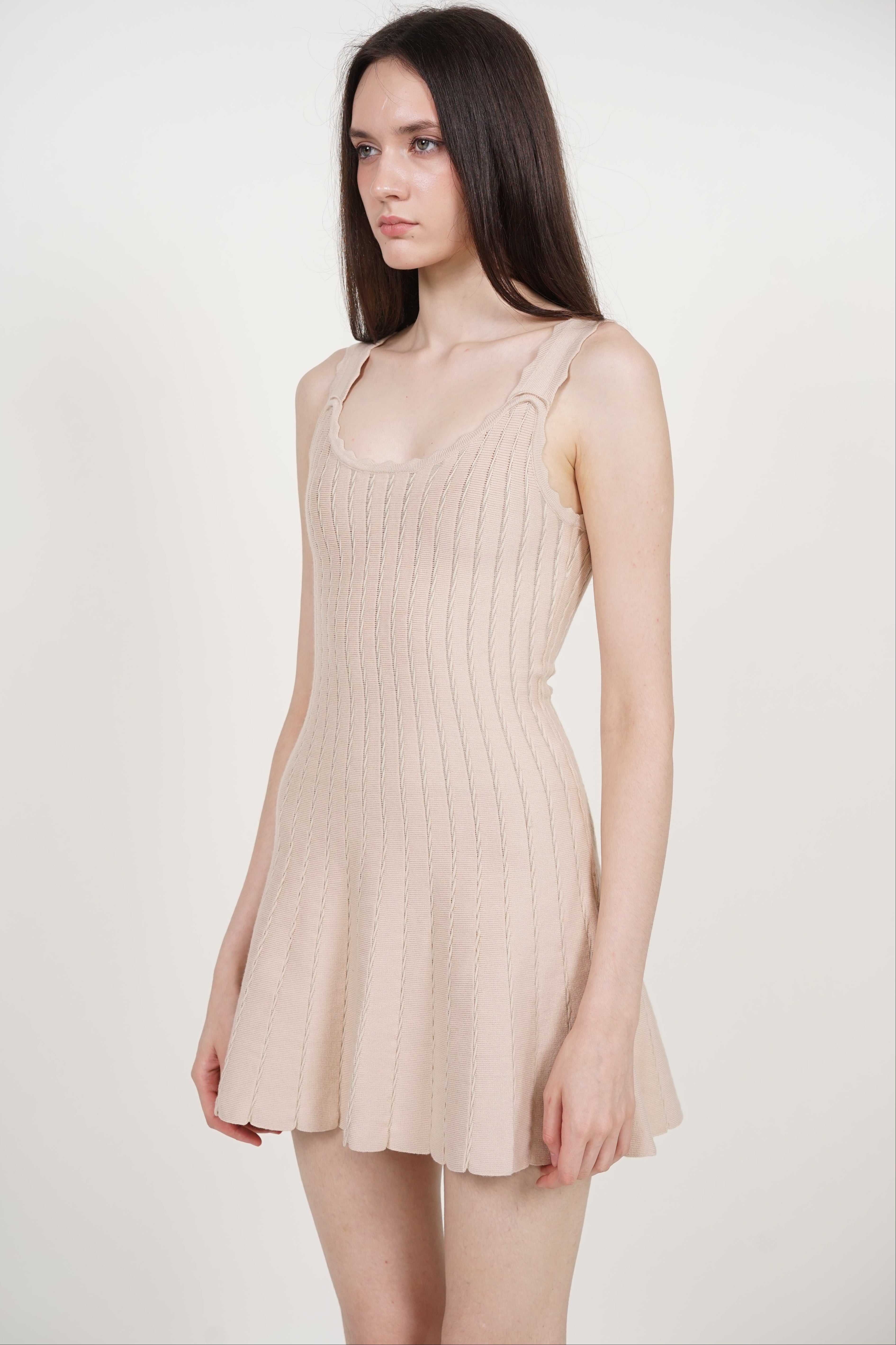 Knit Scallop Trim Flare Dress in Apricot
