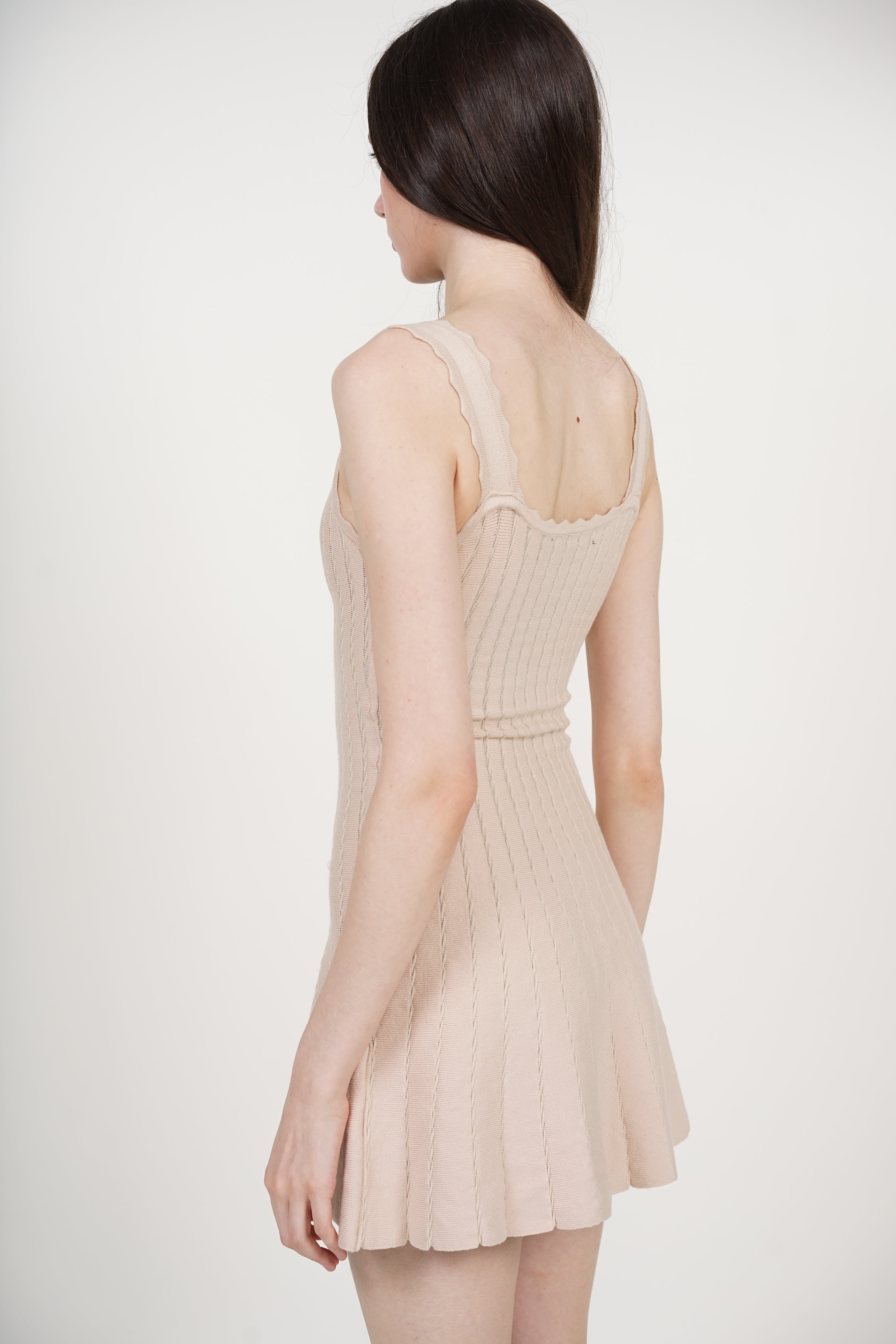 Knit Scallop Trim Flare Dress in Apricot