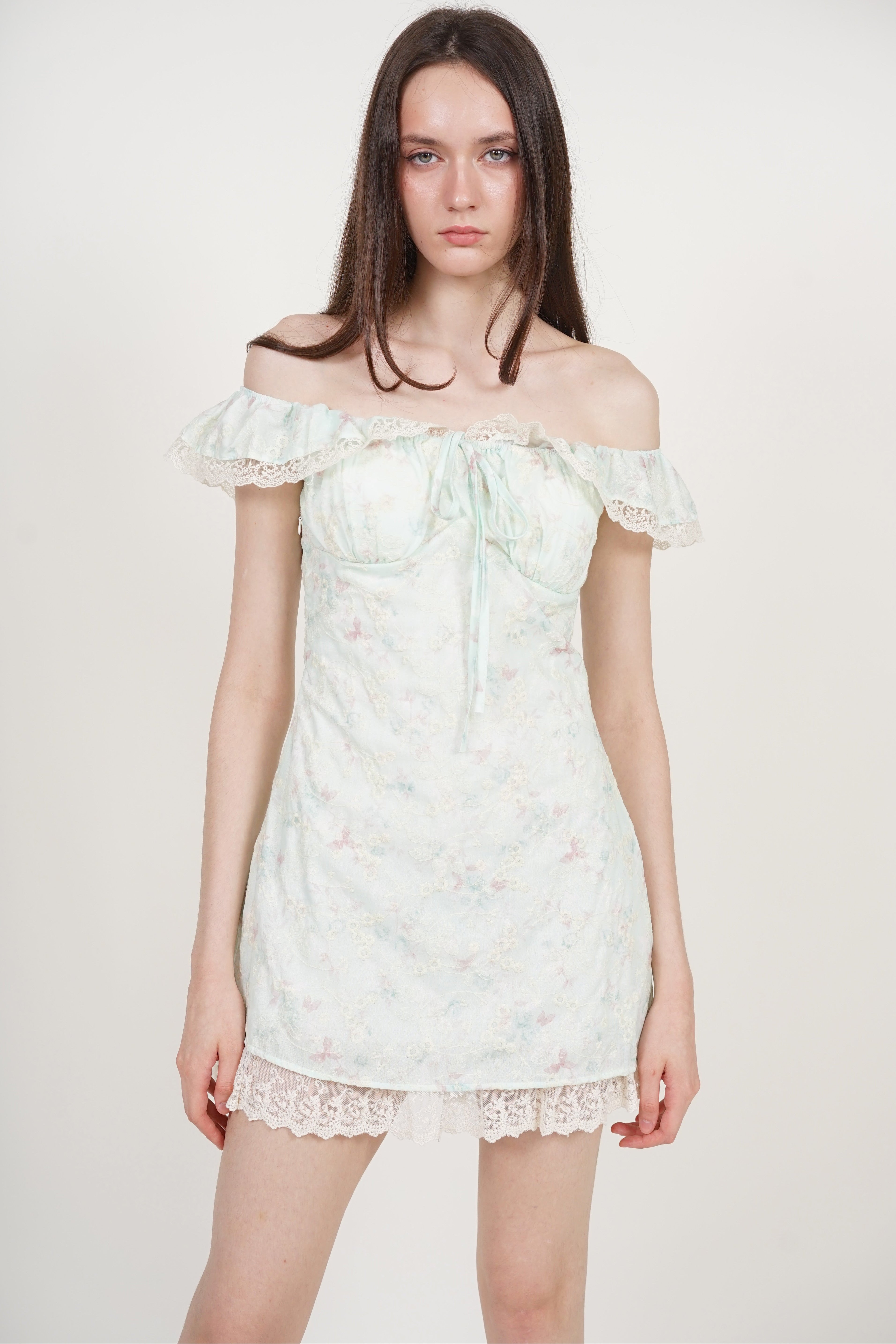 A-line flutter Mini Dress in Mint Green Floral