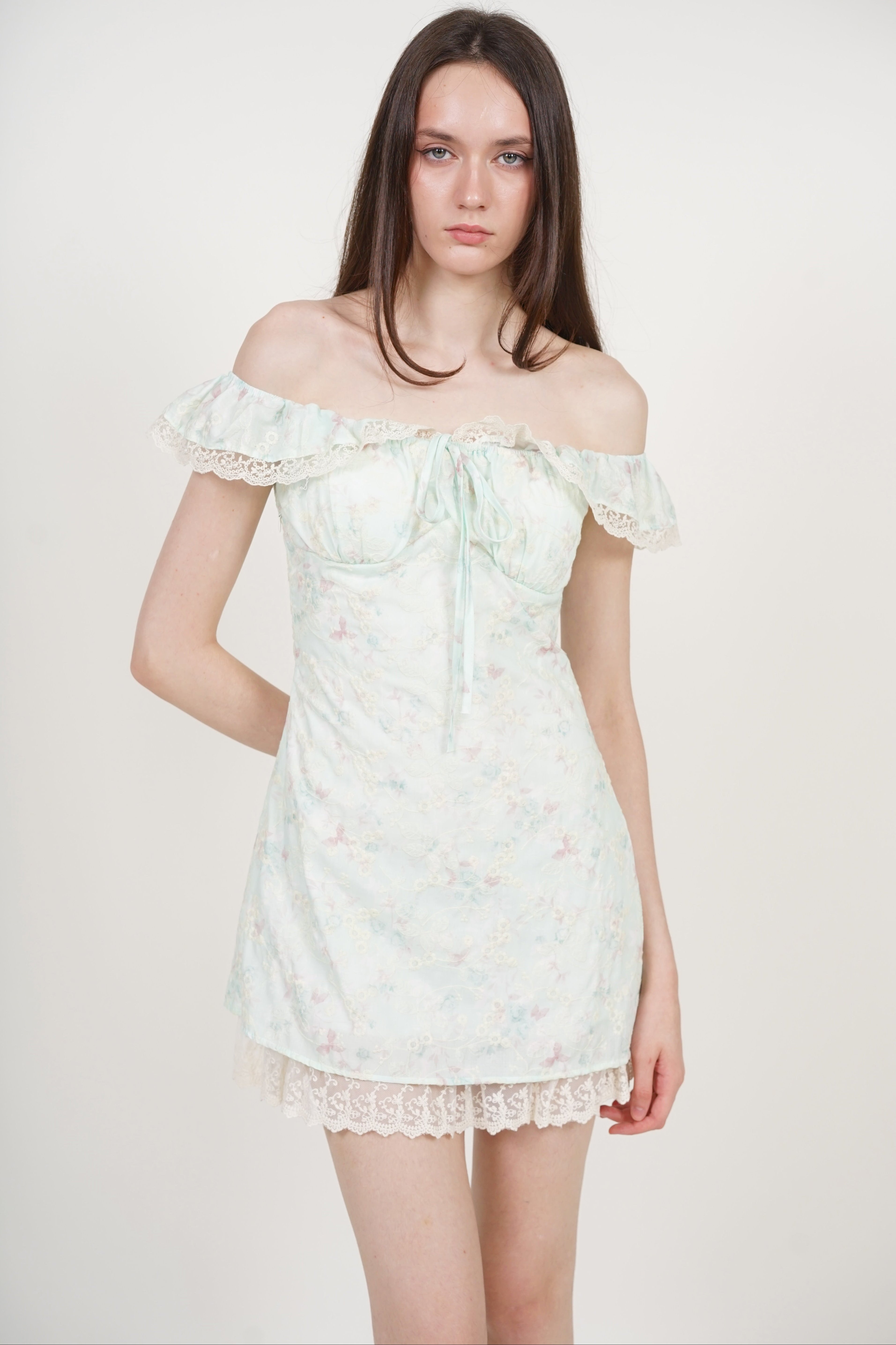 A-line flutter Mini Dress in Mint Green Floral