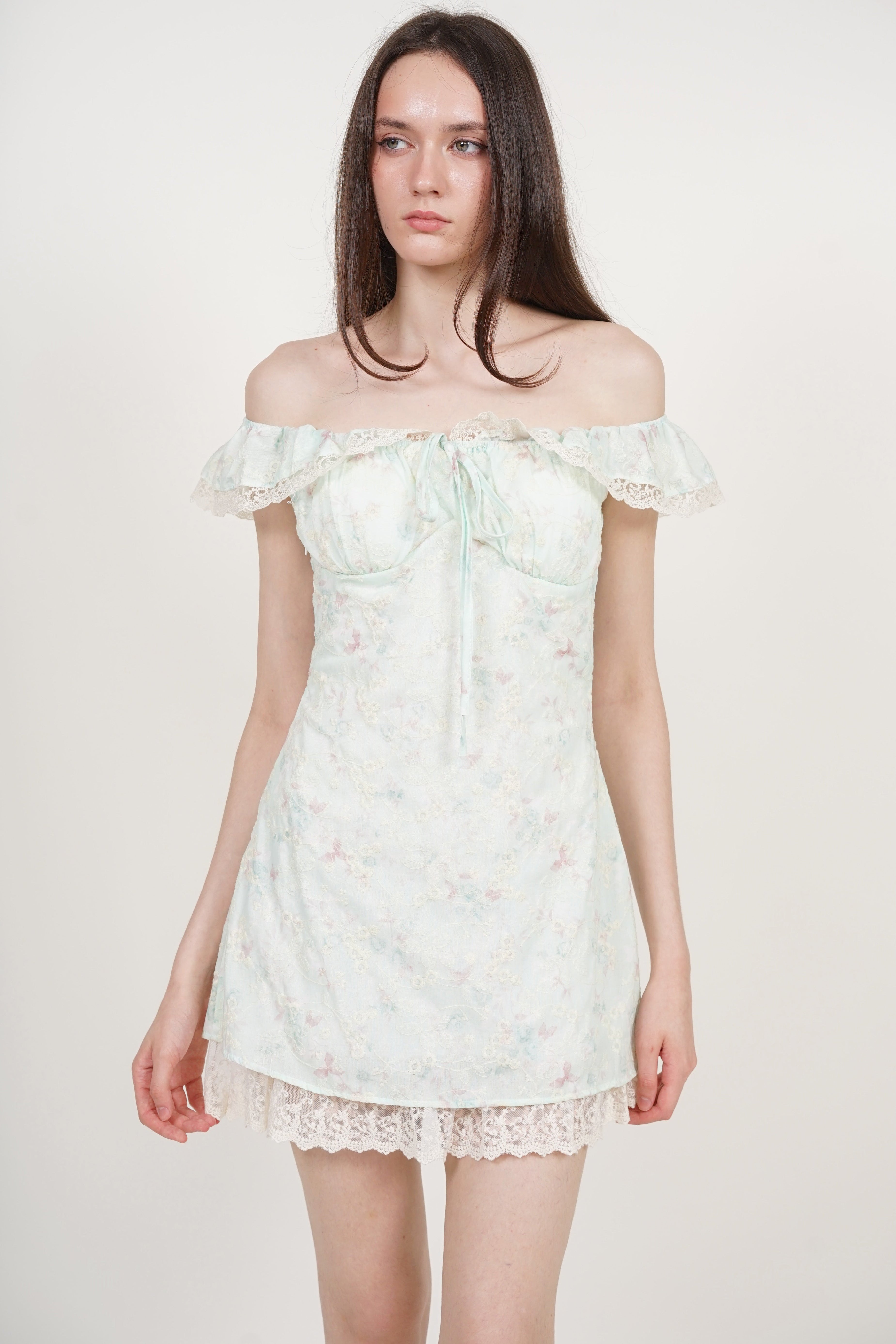 A-line flutter Mini Dress in Mint Green Floral