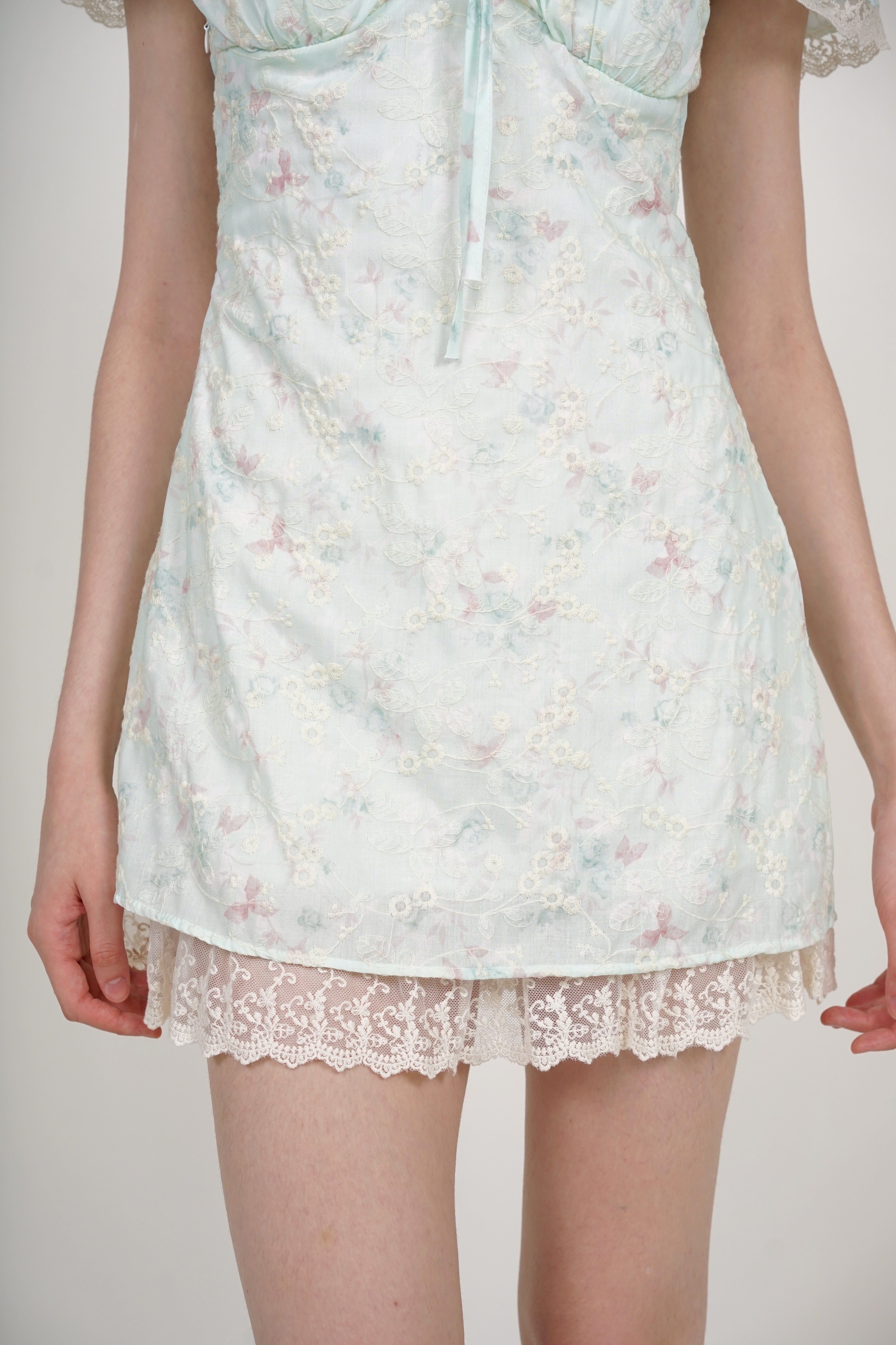 A-line flutter Mini Dress in Mint Green Floral