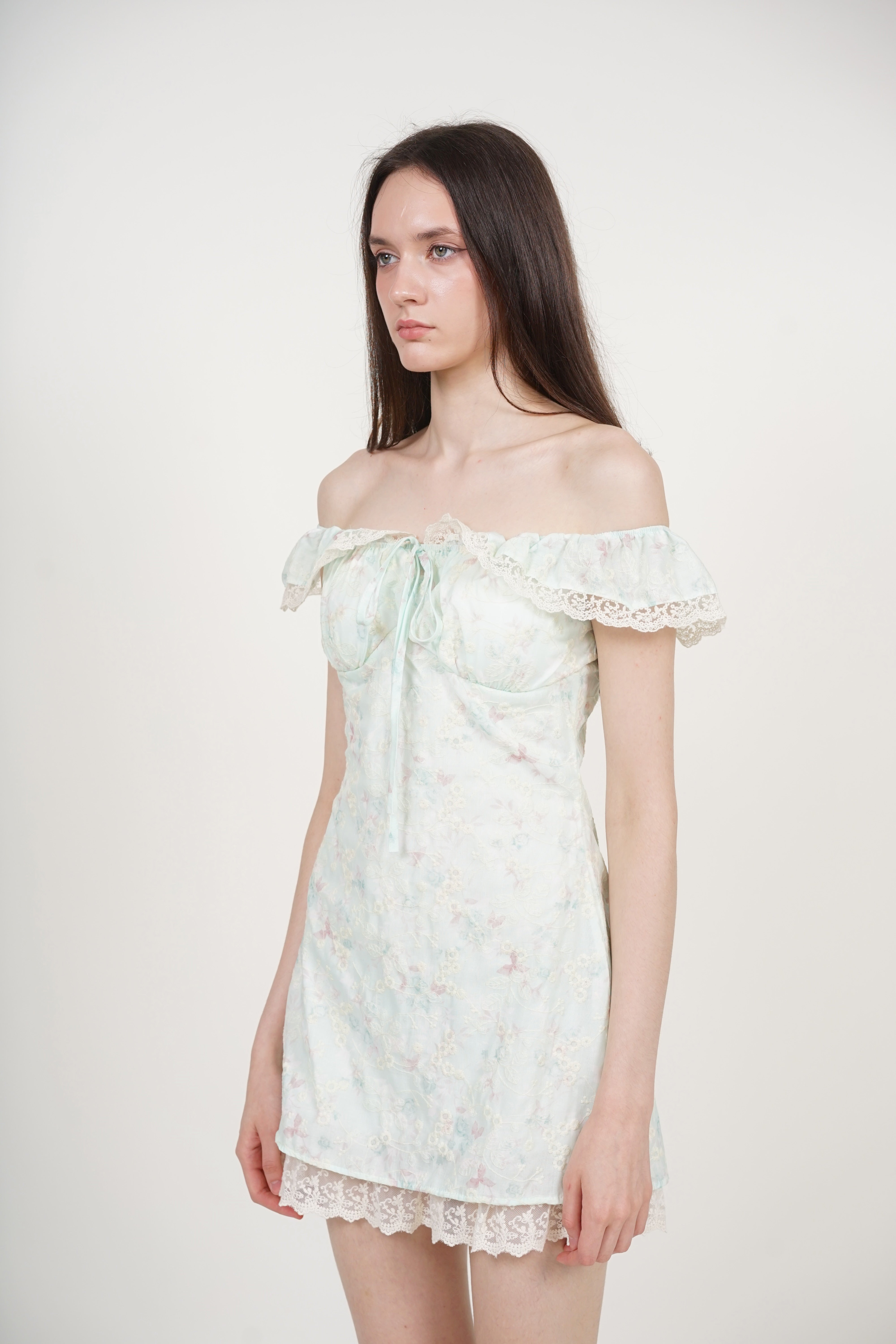 A-line flutter Mini Dress in Mint Green Floral