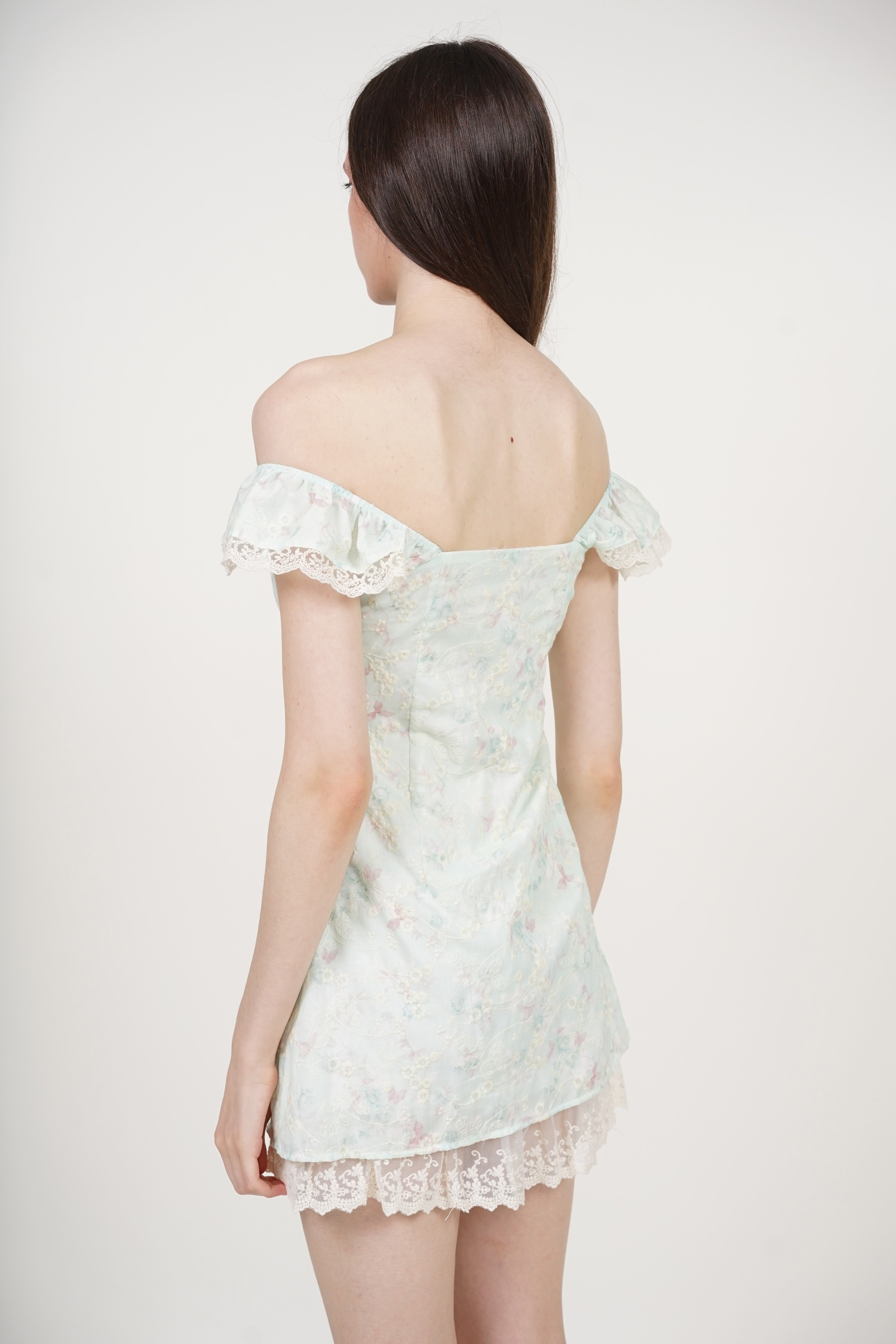 A-line flutter Mini Dress in Mint Green Floral