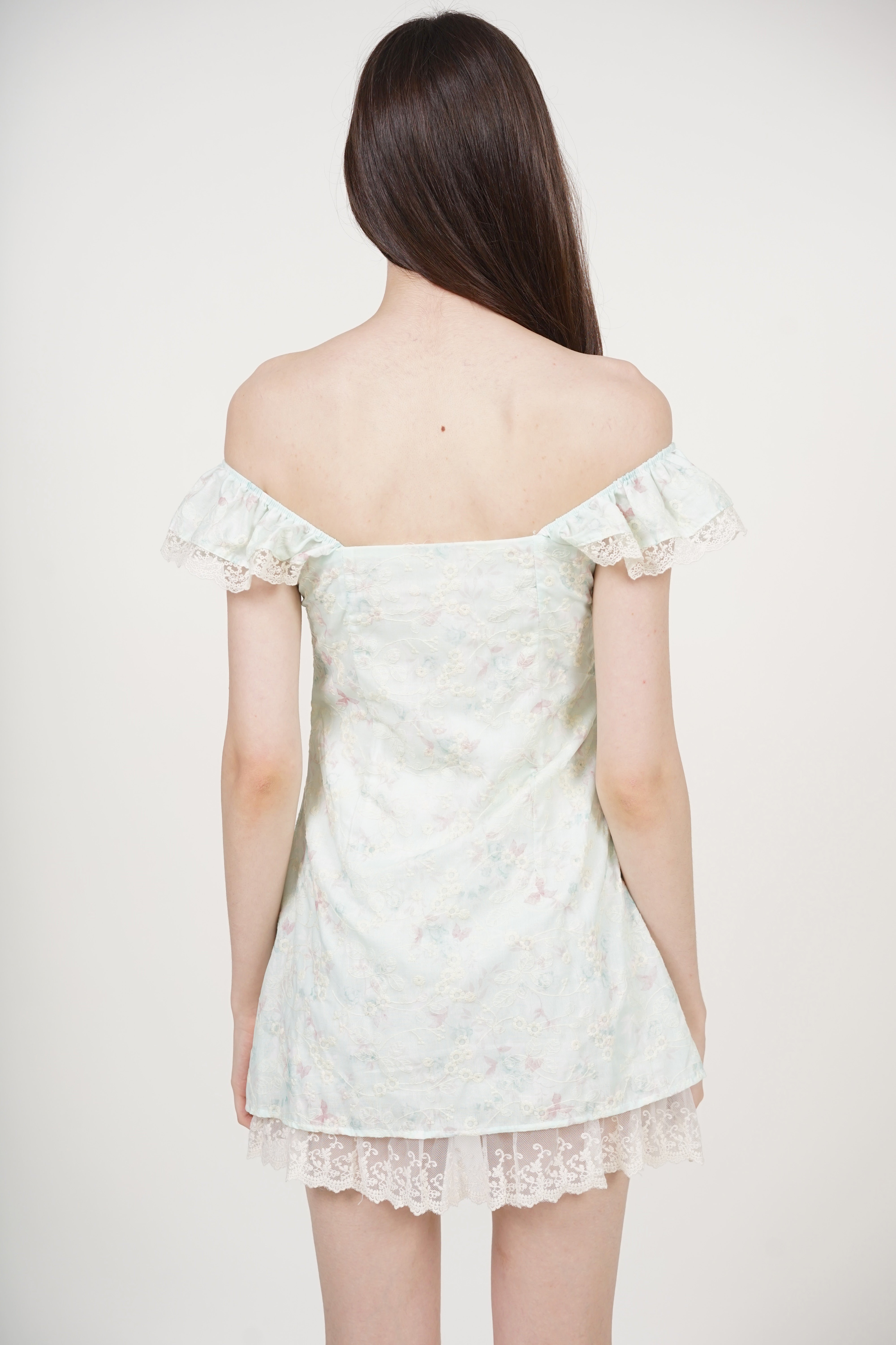 A-line flutter Mini Dress in Mint Green Floral