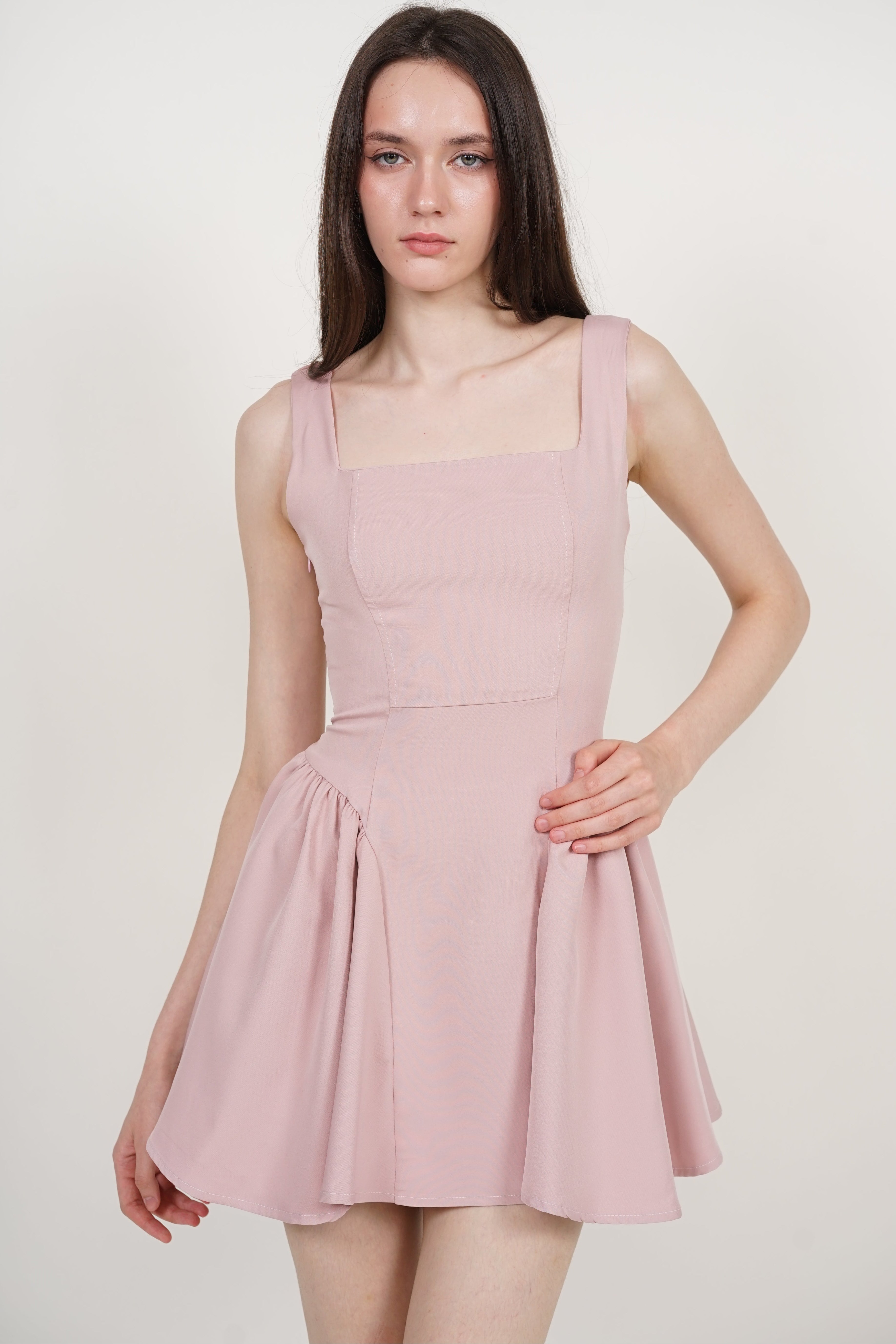 Tie Waist Back Gathered Dress in Dusty Pink