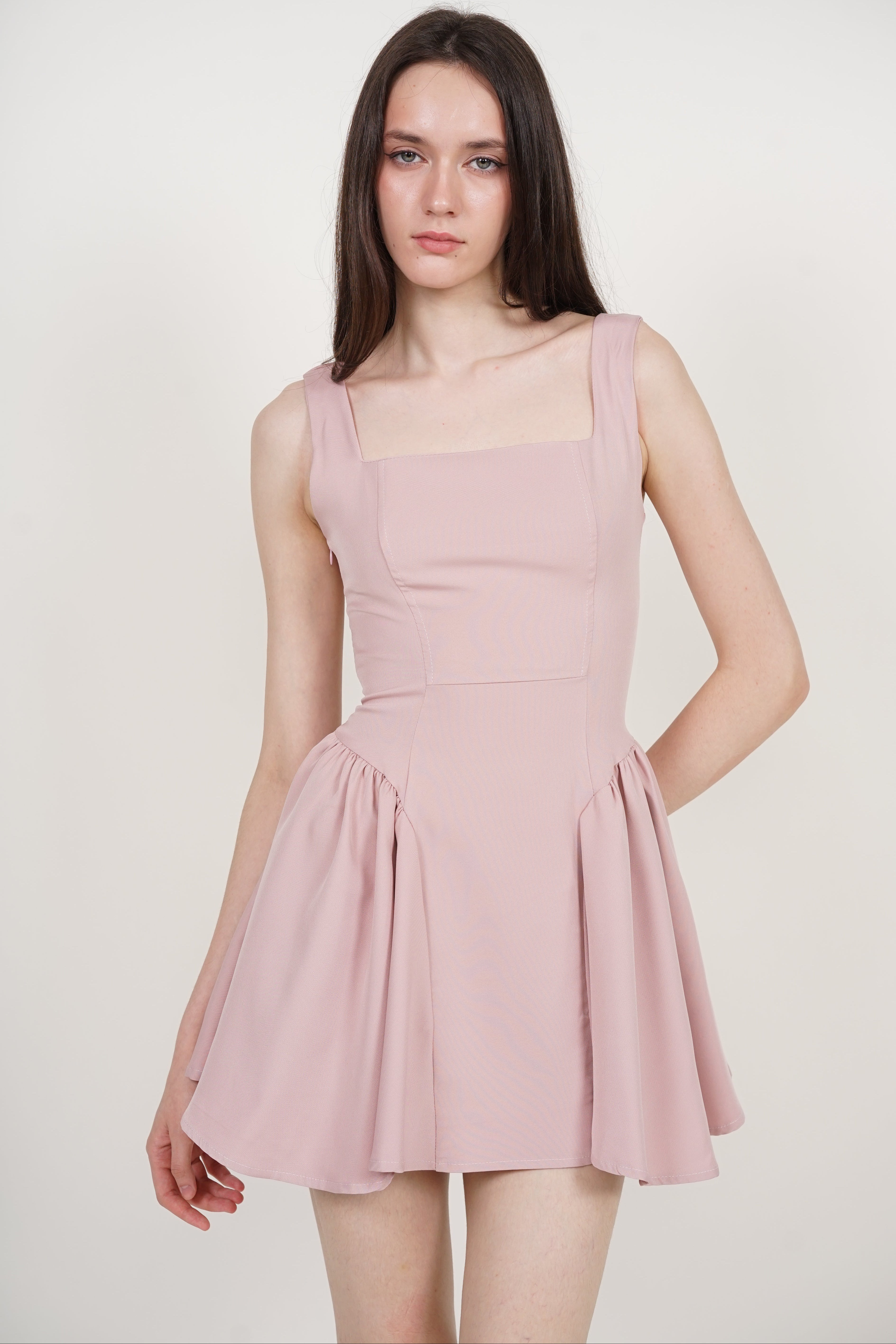 Tie Waist Back Gathered Dress in Dusty Pink