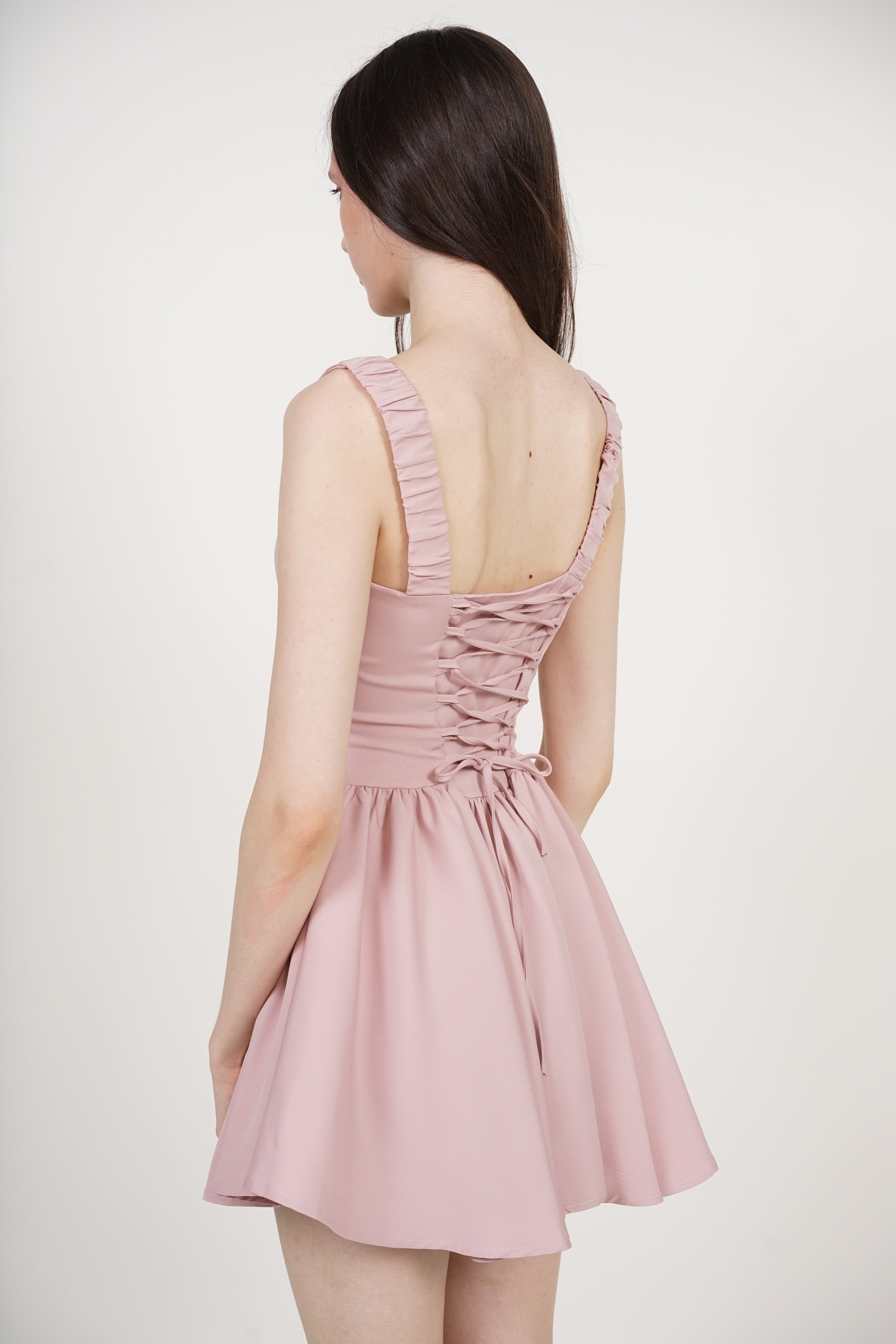 Tie Waist Back Gathered Dress in Dusty Pink