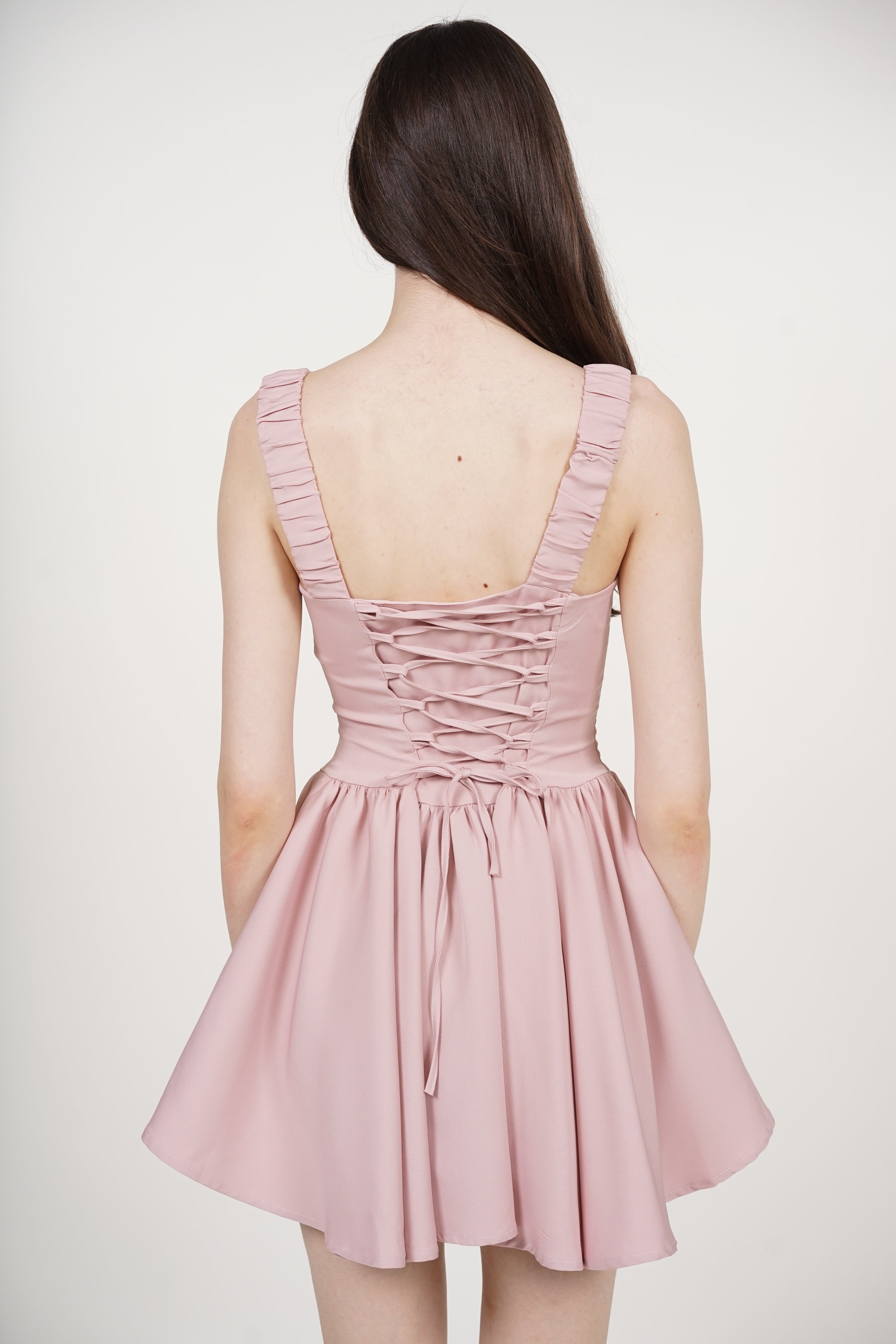 Tie Waist Back Gathered Dress in Dusty Pink