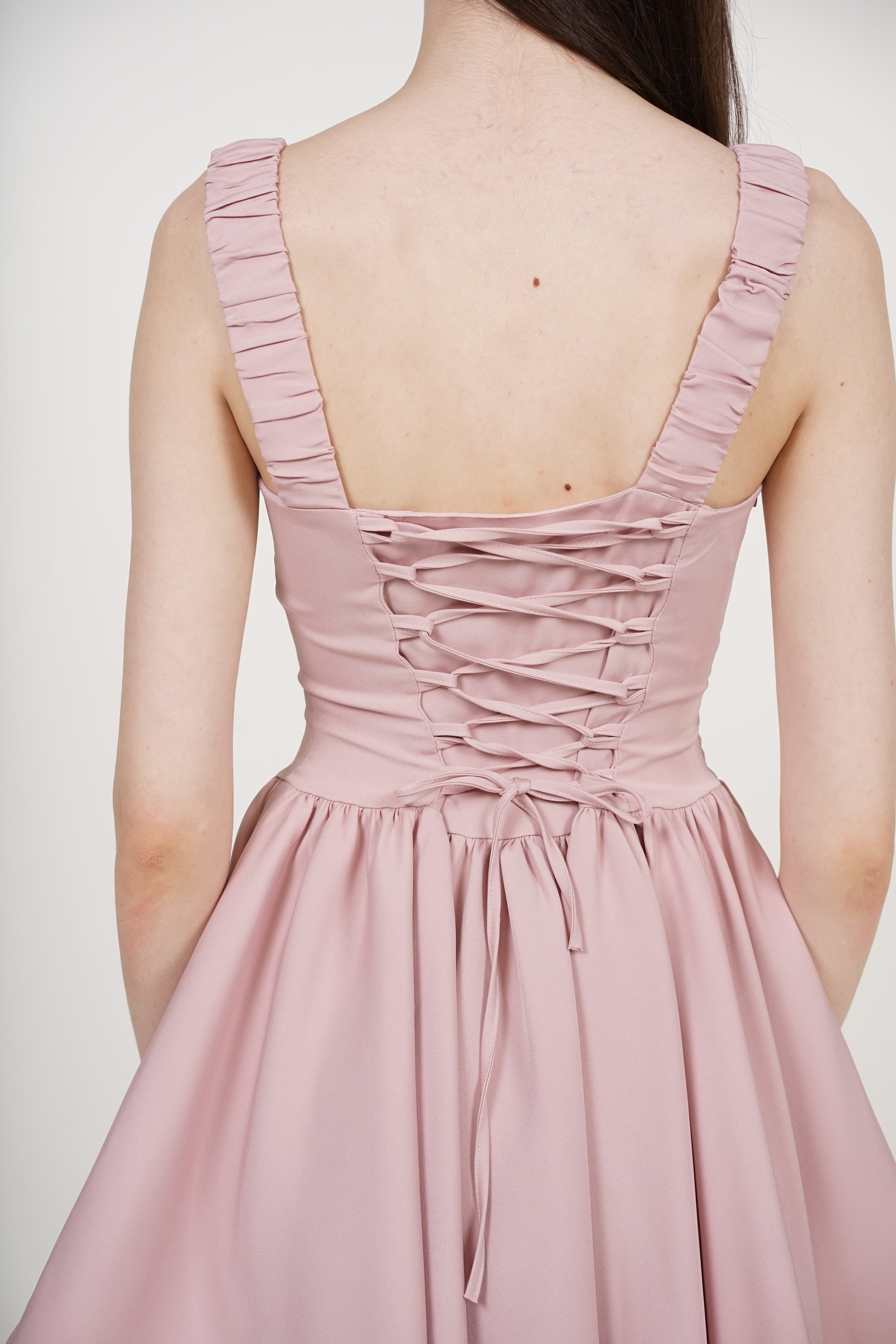 Tie Waist Back Gathered Dress in Dusty Pink