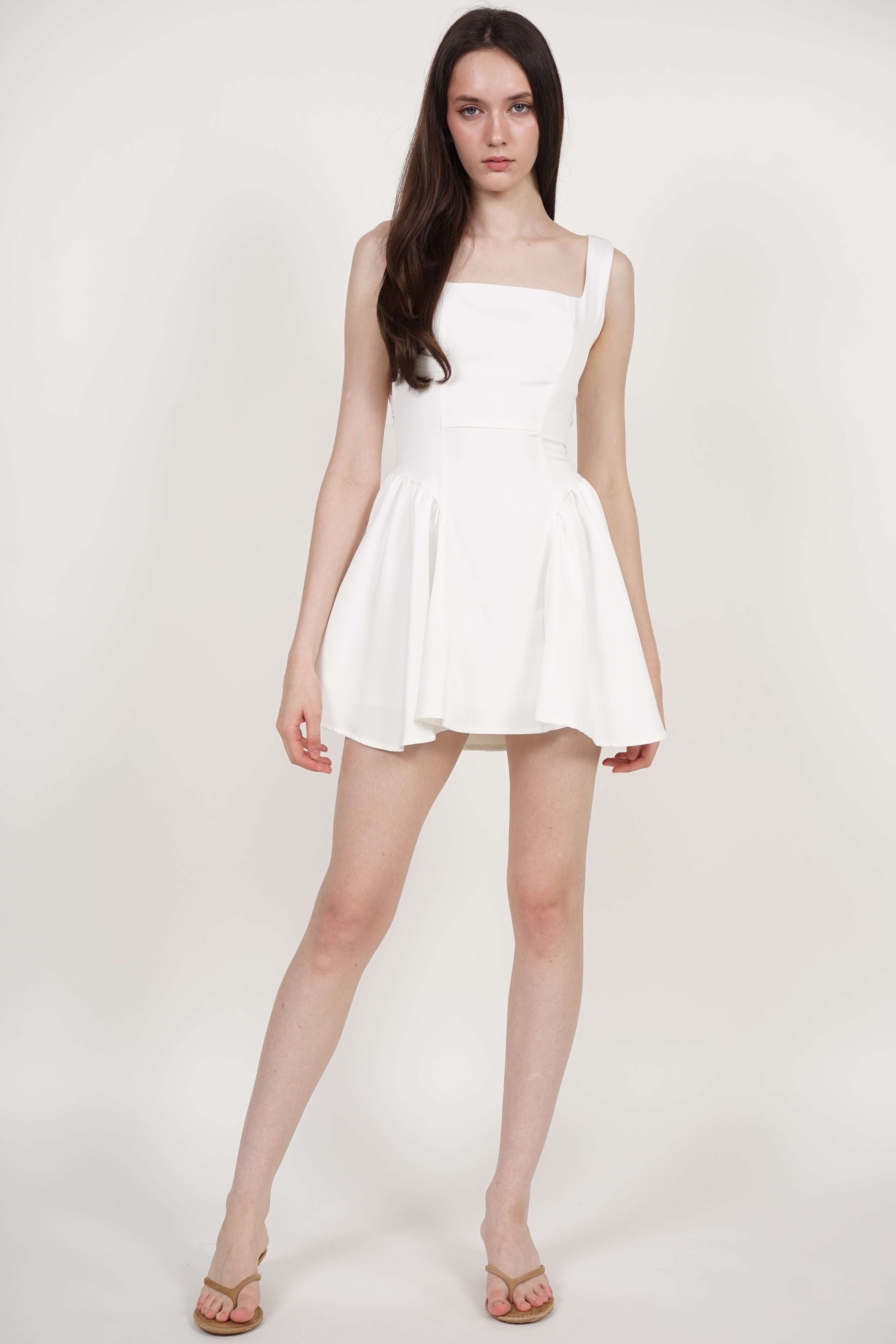 Tie Waist Back Gathered Dress in White