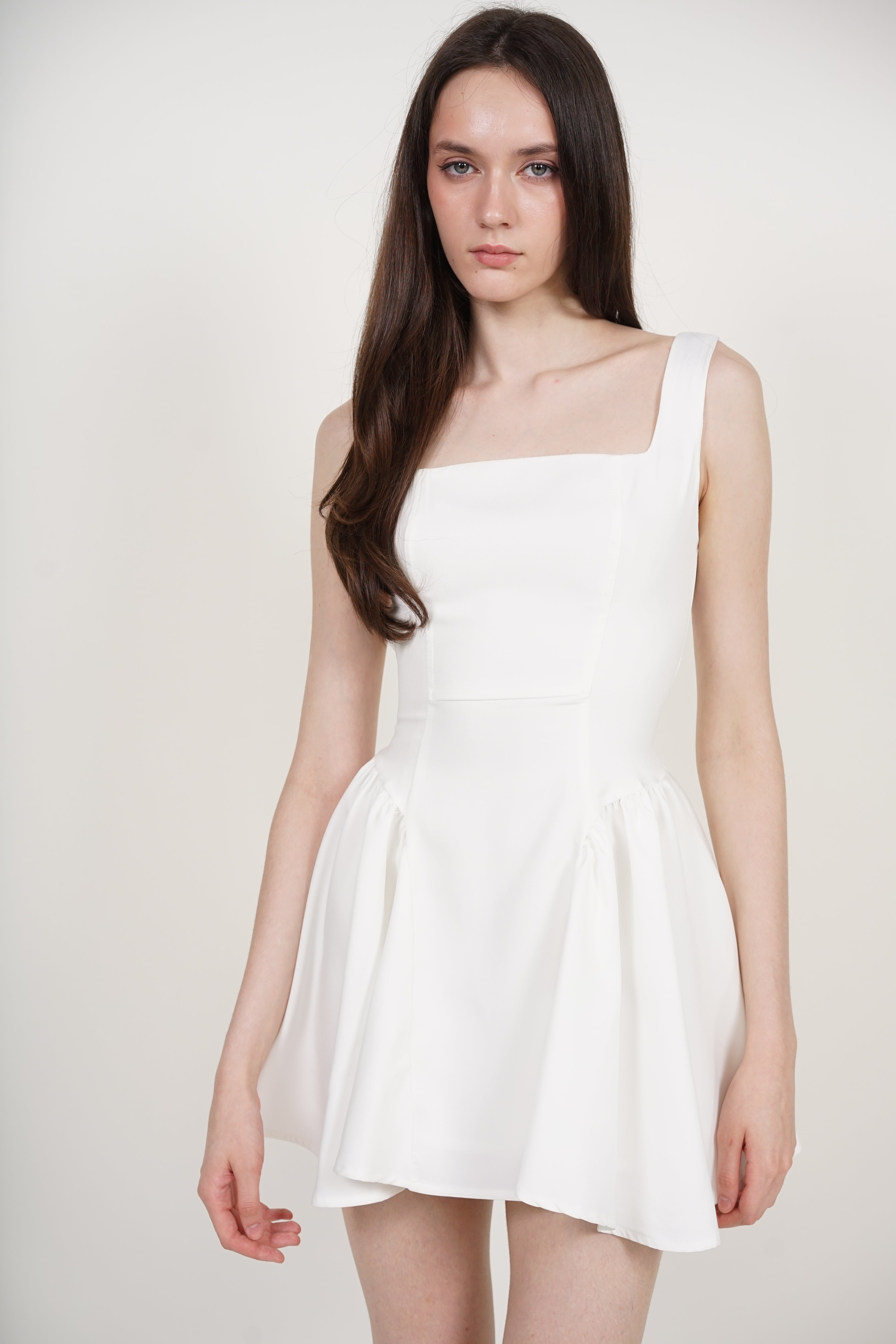 Tie Waist Back Gathered Dress in White